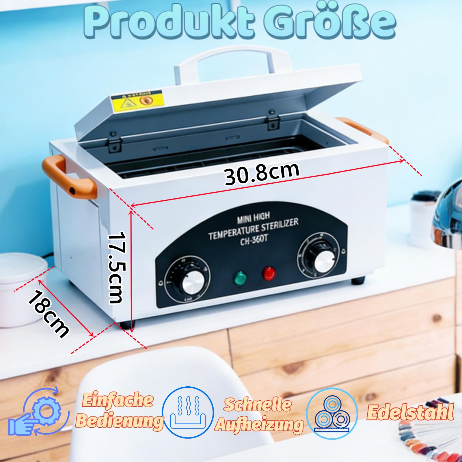 Sterilisator für Instrumente, 300W 220℃, Desinfektion, Trock Hitze | Autoclave Sterilizer mit Trocknerfunktion & Timer für Nagelwerkzeuge, Instrumentendesinfektion für Friseursalon, Zahnarzt