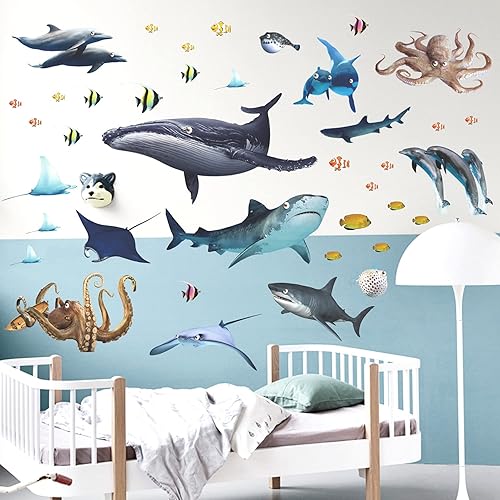 Calcomanías de pared de peces con temática oceánica, bricolaje, ballena submarina, pulpo, delfín, tiburón, calcomanías de pared para despegar y