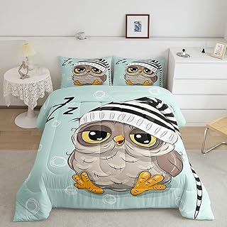 Owl Sherpa Comforter Set Full,Sleeping Sign Bedding Set 3pcs for Kids Teens Girls Room Decor,Contemporary Style Quilt Set Romantic Duvet Insert with 2 Pillowcases,Light Green