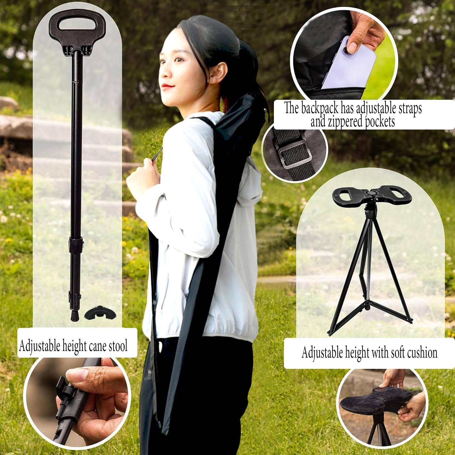 ALEVMOOM Bastone da passeggio con sedile pieghevole leggero, sgabello 2 in 1 per adulti, bastone da passeggio in alluminio con sedile, sgabello portatile per anziani, con borsa per il