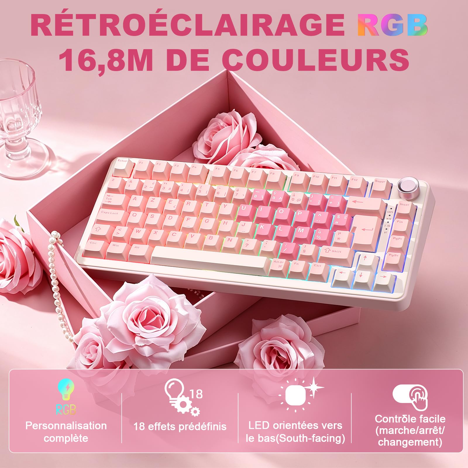 YUNZII B75 PRO Tastiera Meccanica Wireless, 75% Layout FR AZERTY, Tastiera da Gioco con Struttura Gasket, Hot-swap e Manopola, RGB, Connettività BT/USB-C / 2.4G (Rosa, Cocoa Cream V2 Switch)