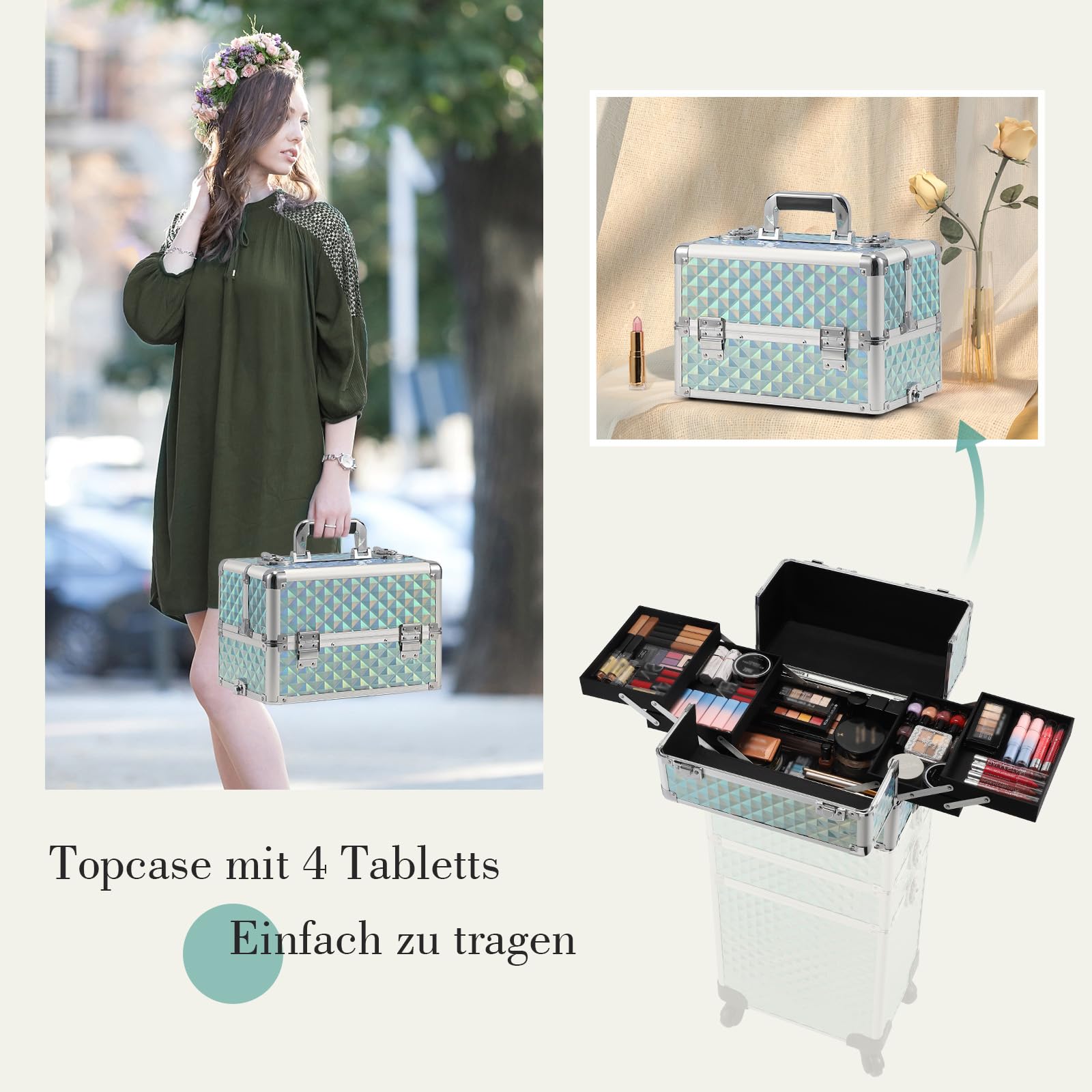 Kosmetikkoffer Trolley 4-in-1 Groß Make up Koffer mit Rollen Alu Beauty Case Aquamarin
