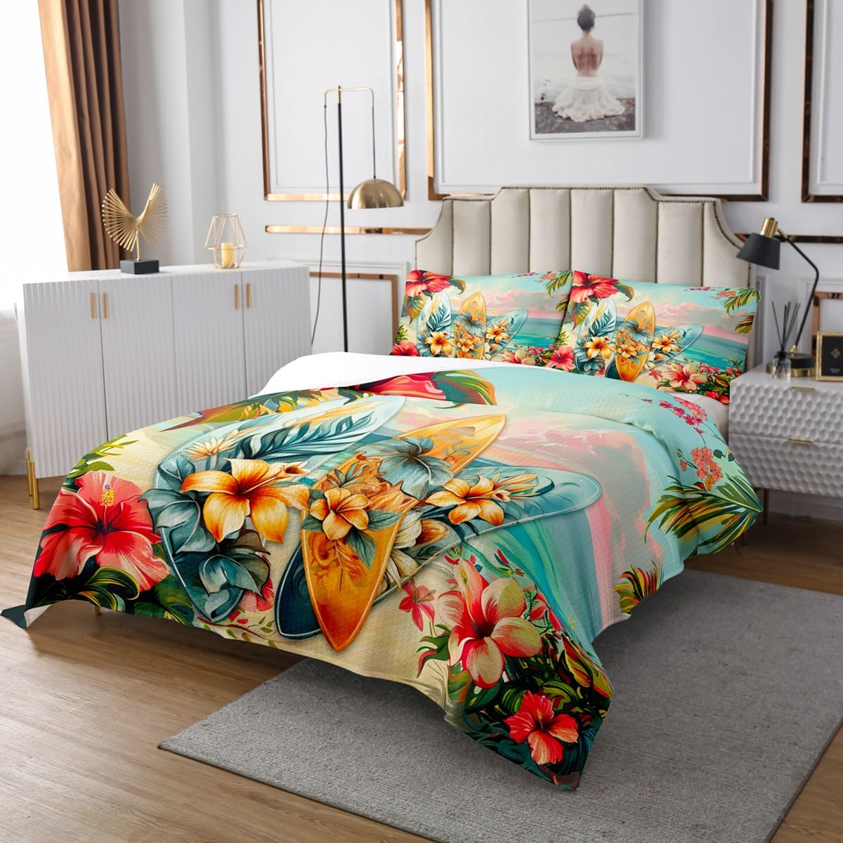 Manfei Surfing Kids Bedspread King Size,Tropical Palm Trees Leaves Flowers Coverlet Set,Boys Girls Room Decor,Surfboards Summer Beach Quilted Coverlet,Blue Red Colorful Bedding Quilt,2 Pillowcases