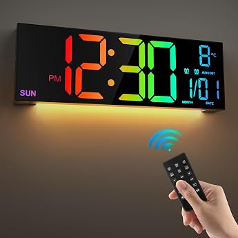 HAITANG 16'' Black Large Digital Wall Clock for Living Room Remote Control Dual Alarm 8 RGB Colors Large LED Display Automatic Brightness Date Automatic Daylight Saving Time Temperature