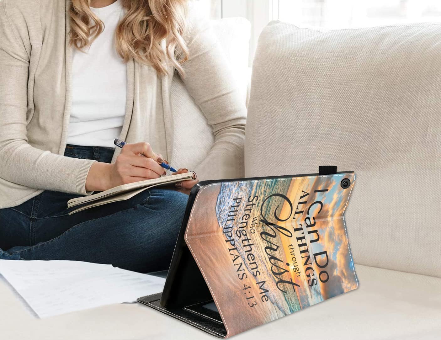 Case for All-New Amazon Kindle Fire 7 Tablet (7 inch Display, 9th/7th Generation, 2019/2017 Release), Premium PU Leather Cover with Card Slot & Pencil Holder, Bible Verse Philippians 4-13