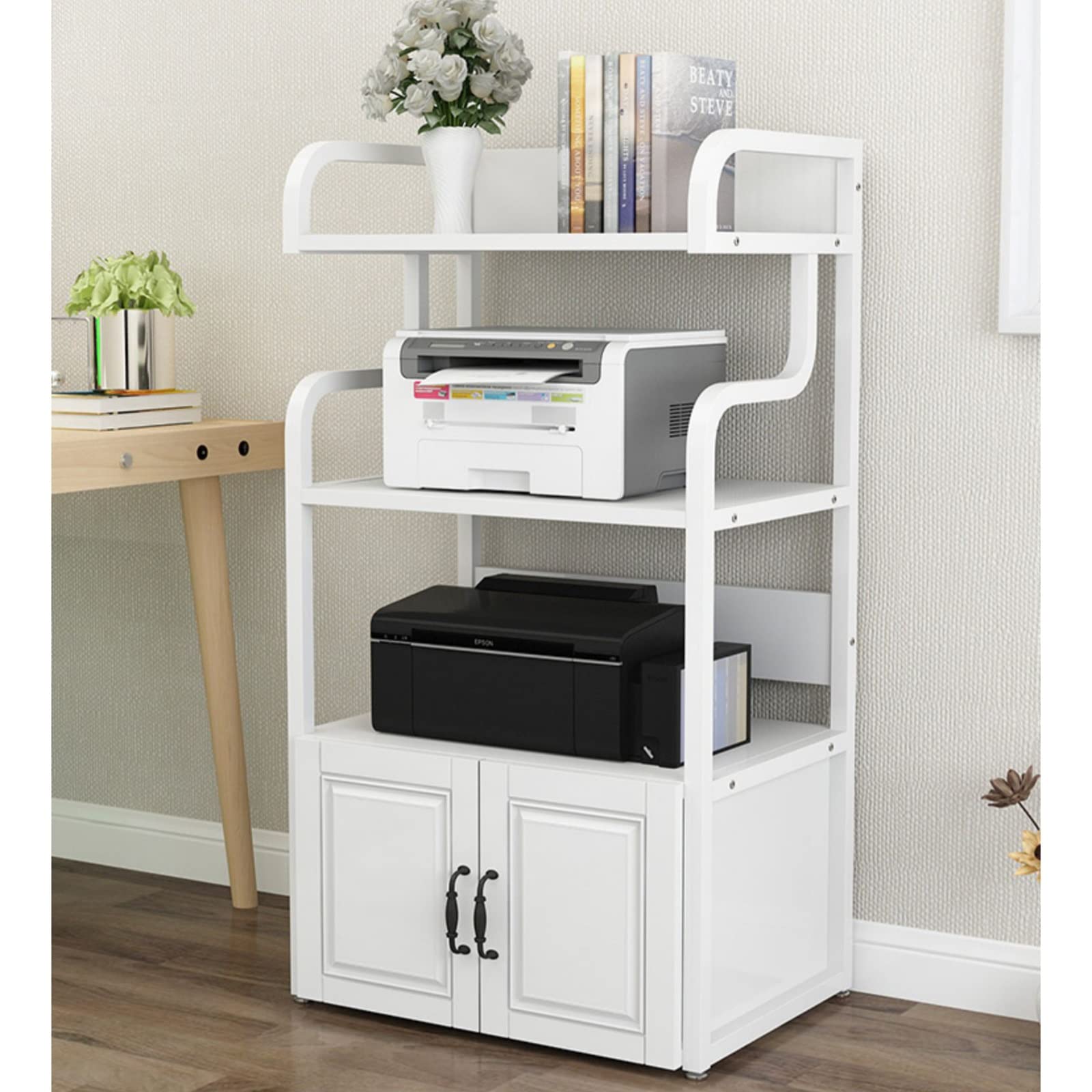 Stampante Piedistallo Supporto for Stampante Scaffale Multiuso in Piedi for Lettore Multimediale Scanner File Libri Forno a Microonde in Cucina Soggiorno Home Office, 4 Ripiani, Bianco