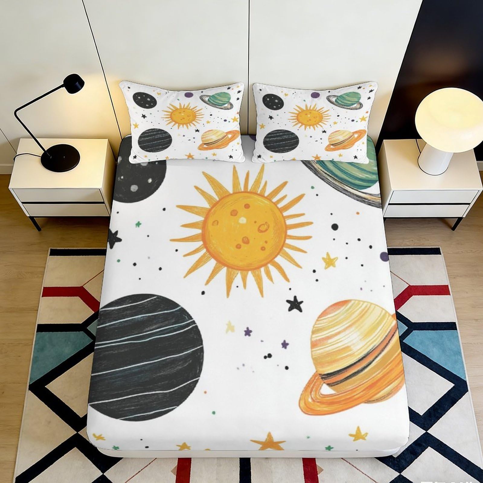 3D Printed Solar System Fitted Sheet Microfiber Soft Planets Mattress Cover for Bedroom Dorm Mattress Protection Decor 90x200x25cm
