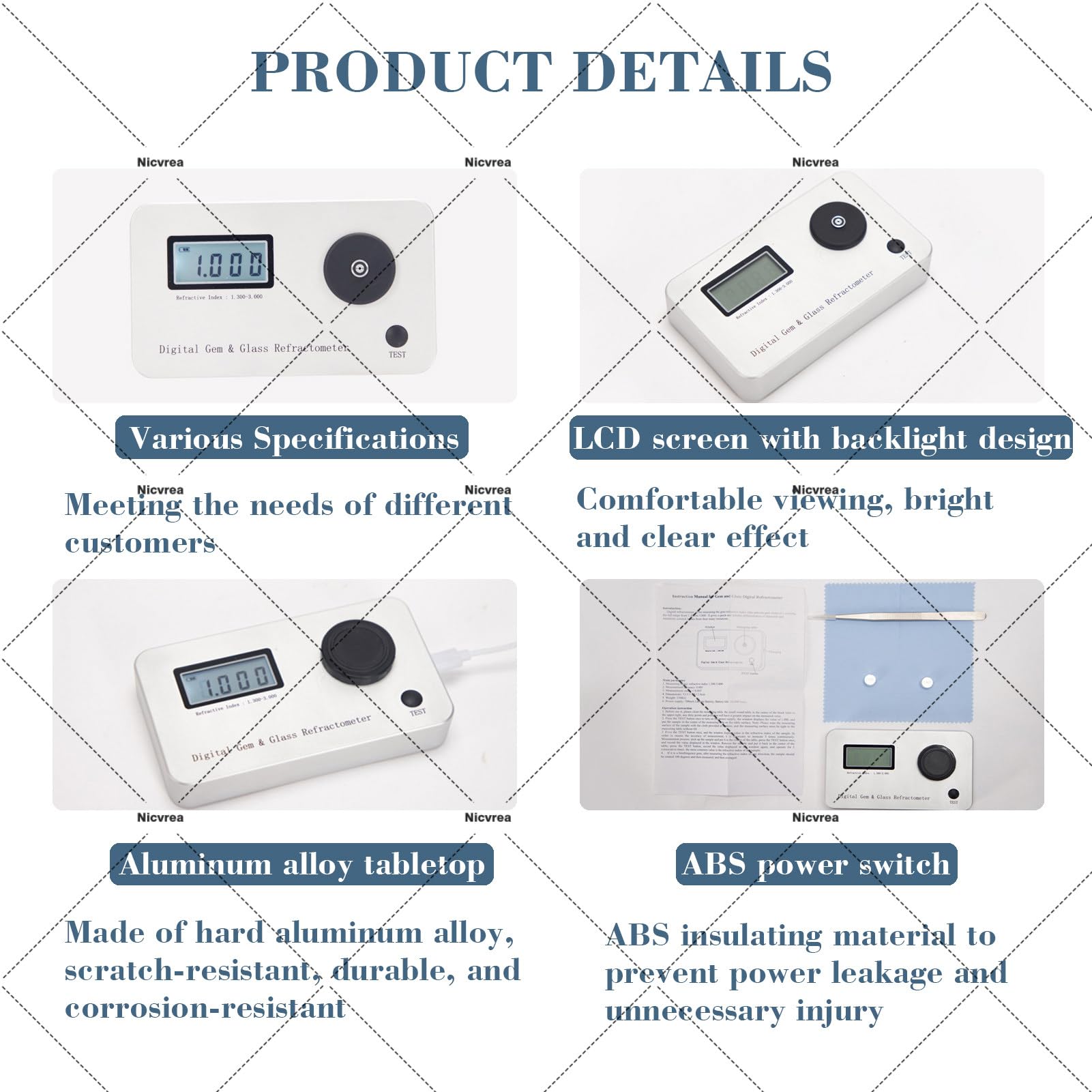 Probador de diamante refractómetro de gema, índice de refracción 1.300-3.000, precisión de medición 0.001, pantalla LCD, error de medición ± 0.005 para varias piedras preciosas