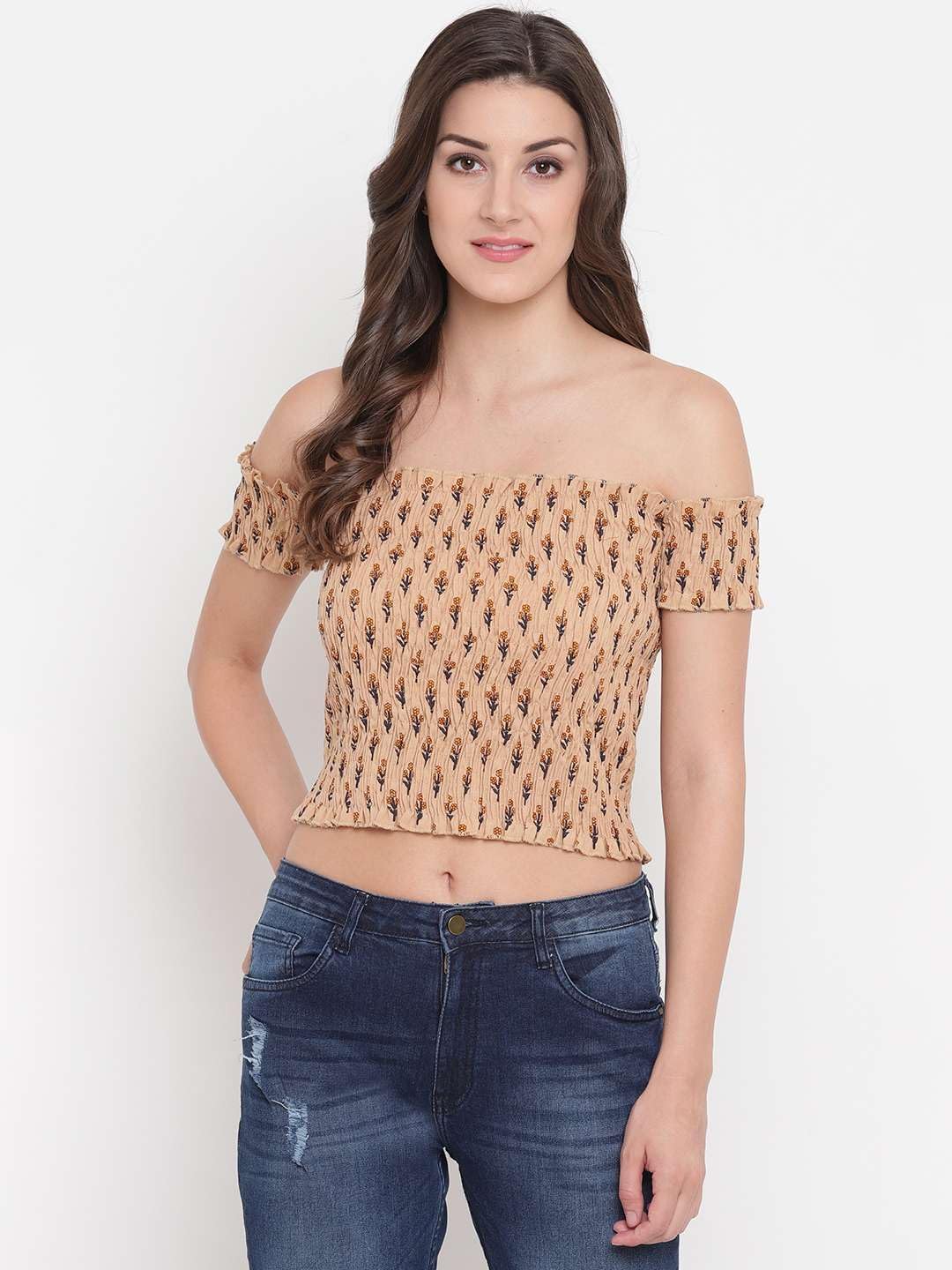 Zenvy Crafts Women's Rayon Printed Off-Shoulder Smocked Crop Top Short Sleeve Casual Styles Tank Top (Free Size) Multi41