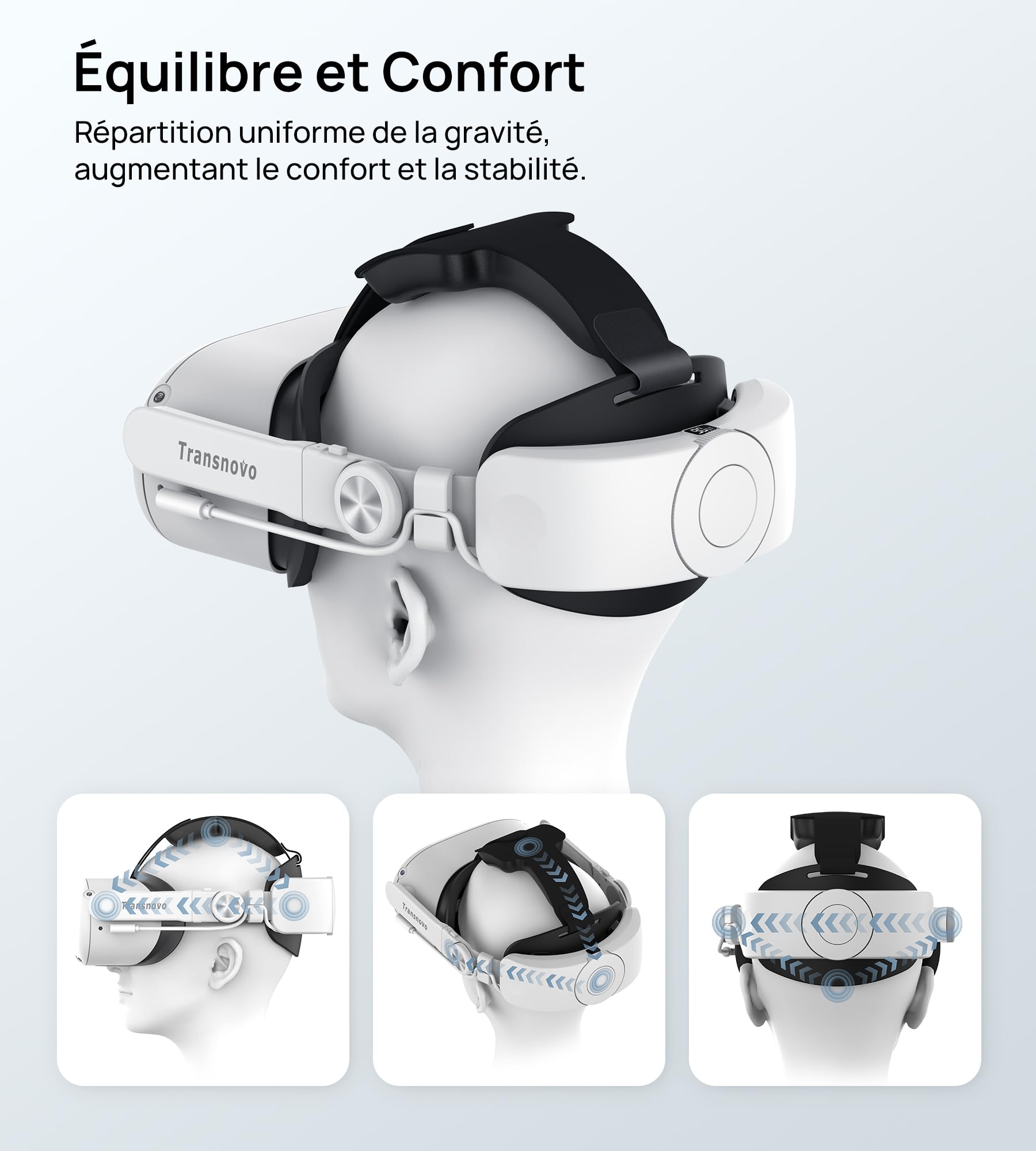 TRANSNOVO 6000 mAh Sangle de tête Compatible avec Oculus Quest 2/Quest 3/Quest 3S, Accessoires VR, Sangle Elite réglable de Remplacement, Support de Confort amélioré et sans Pression