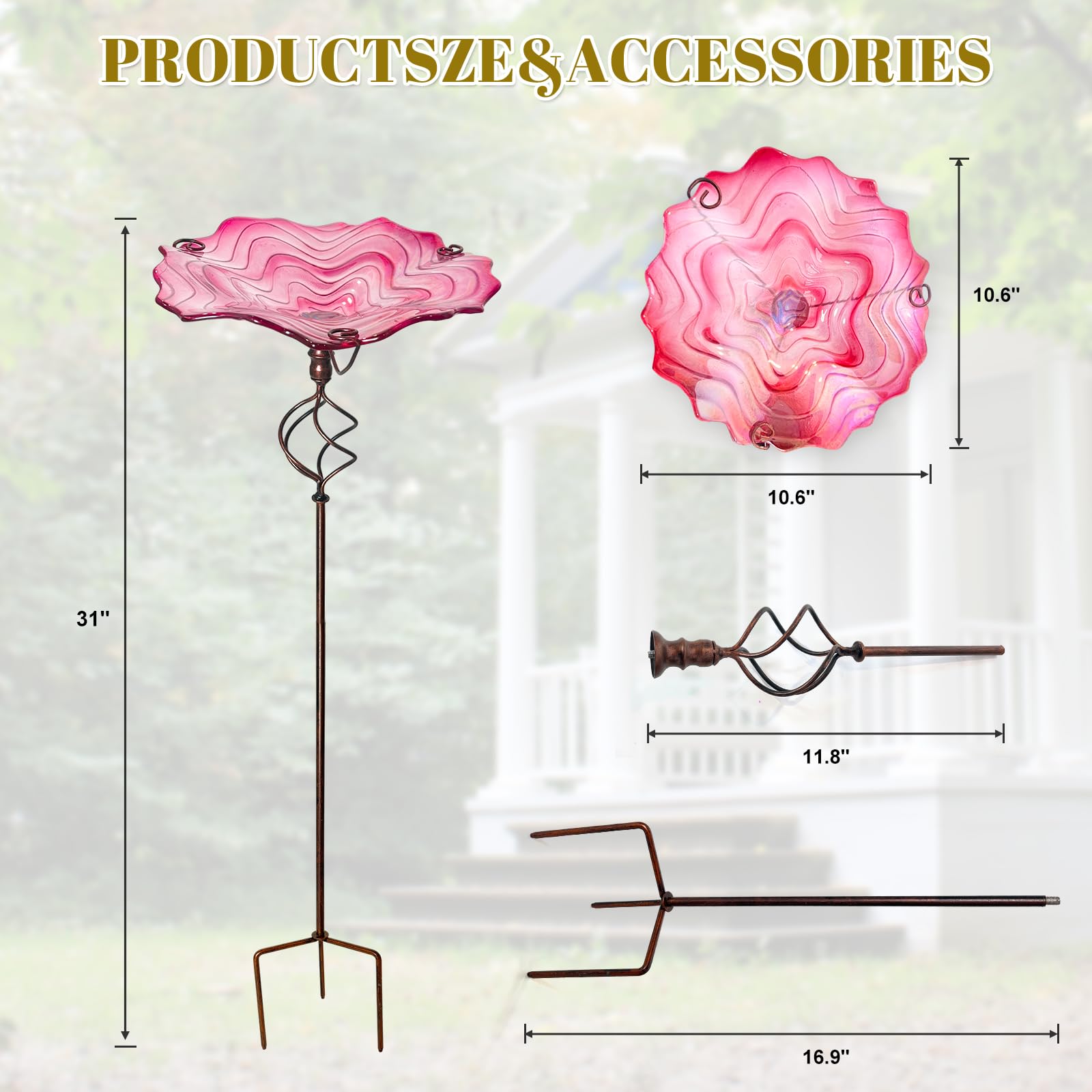 HONGLAND 81,3 cm hohe Vogeltränke für den Außenbereich, Glas-Vogeltränke, Vogelfutterstation für den Außenbereich, Blumenmuster mit Metallpfahl, Rot