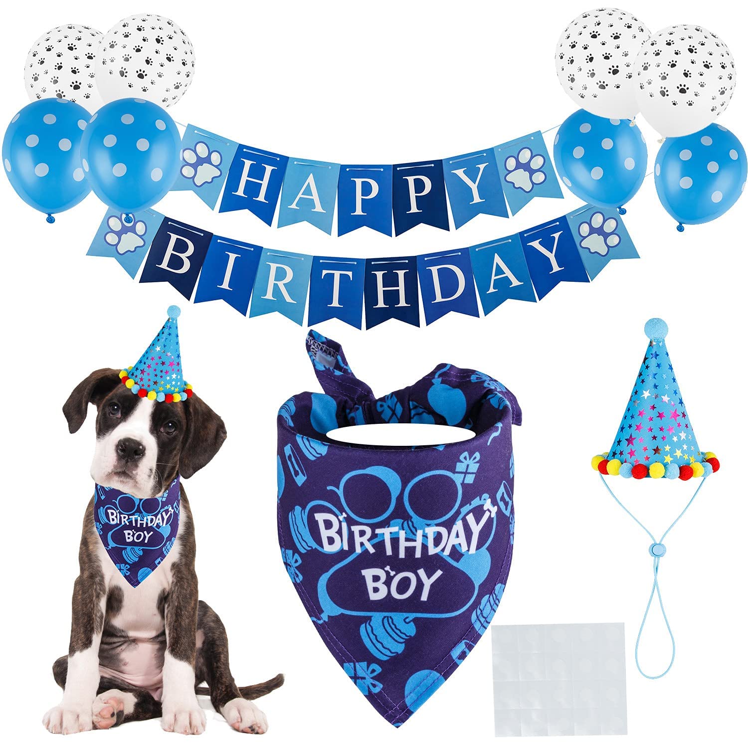 Dog Birthday Bandana, Dog Birthday Boy Hat Scarfs Flag Balloon with Cute Doggie Birthday Party Supplies Decorations (Bule)