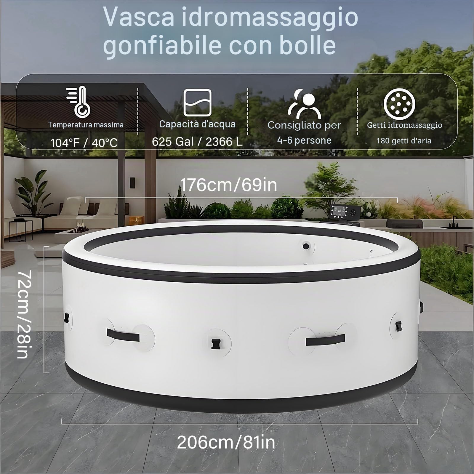 Vasca Idromassaggio Gonfiabile, Spa Gonfiabile Portatile di Grandi Dimensioni con 180 Getti di Massaggio Ad Aria, Pompa Riscaldante e Copertura Isolante, Impermeabile per Esterni, per 2-6 Persone, per