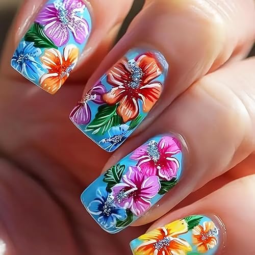 24Pcs Spring Summer Press on Nails Bright Floral Matte Fake