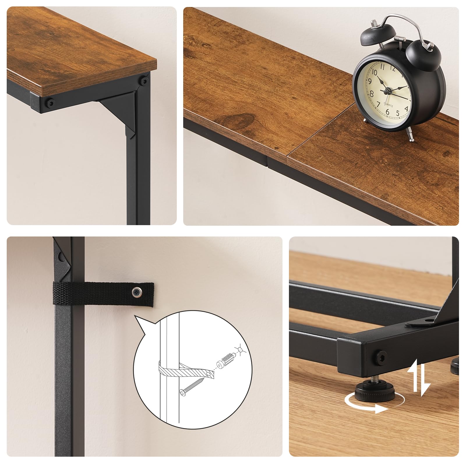 HOOBRO Schmaler Konsolentisch (15 cm breit), höhenverstellbar (63,5-83,5 cm), Sofatisch mit Ladestation, Beistelltisch, Flurtisch für den Eingangsbereich, Flur, Vintagebraun und Schwarz EBF95CXG01