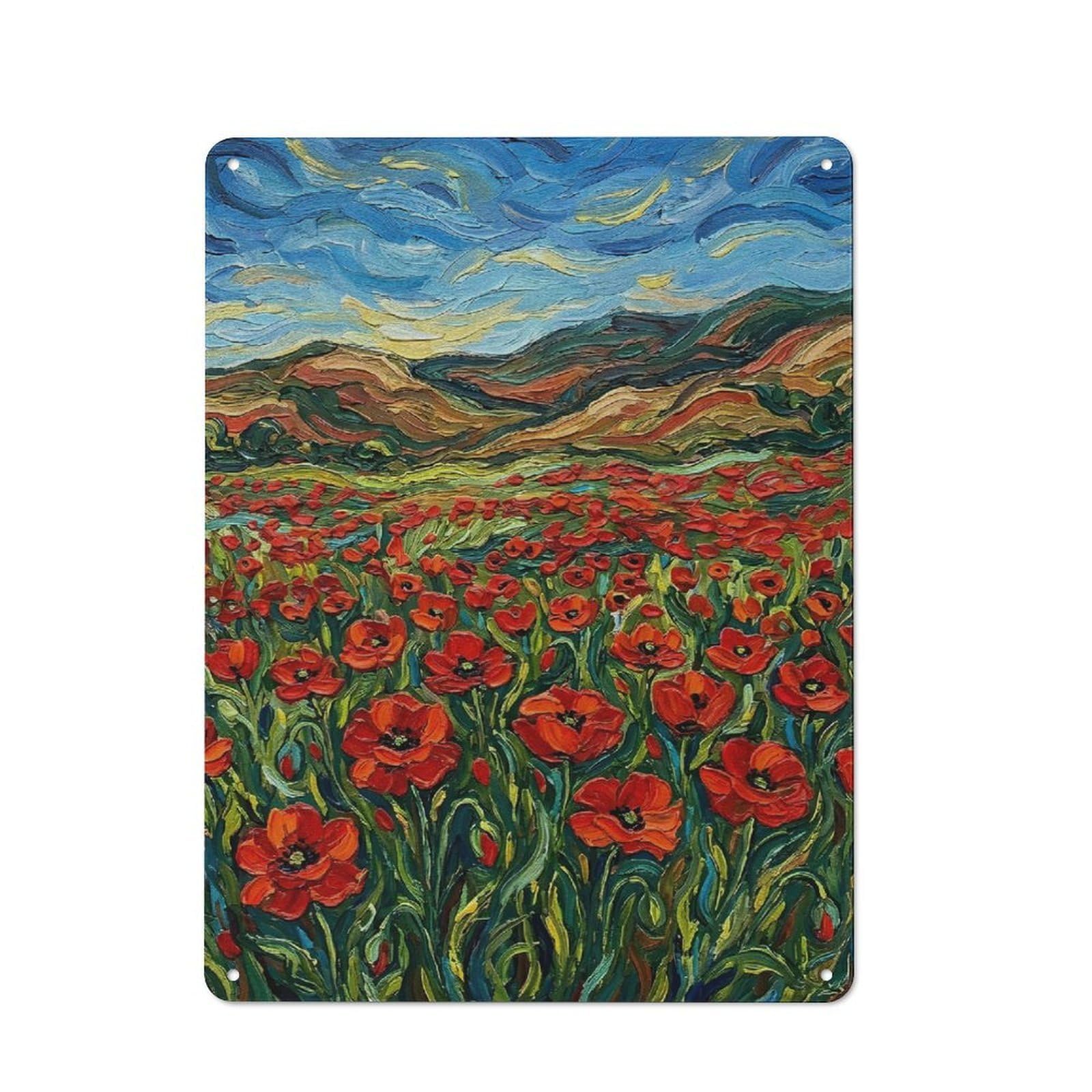 Junmoney Style-6 Field Of Poppies Under A Swirling Sky Metal Wall Plaque 40X30cm, Character Room Wall Plaque For Hallway, Home Bar, Garage Or Study