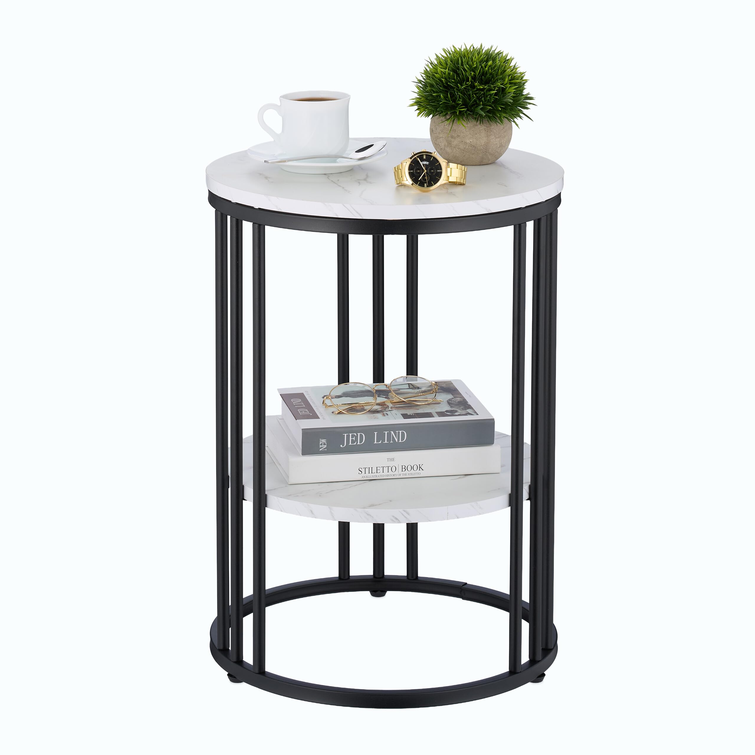 Relaxdays White/Black Side Table, Marble Effect, 2 Tiers, Hxd: 56 X 40 Cm, Living Room, Coffee Rest For Sofa, Decor,