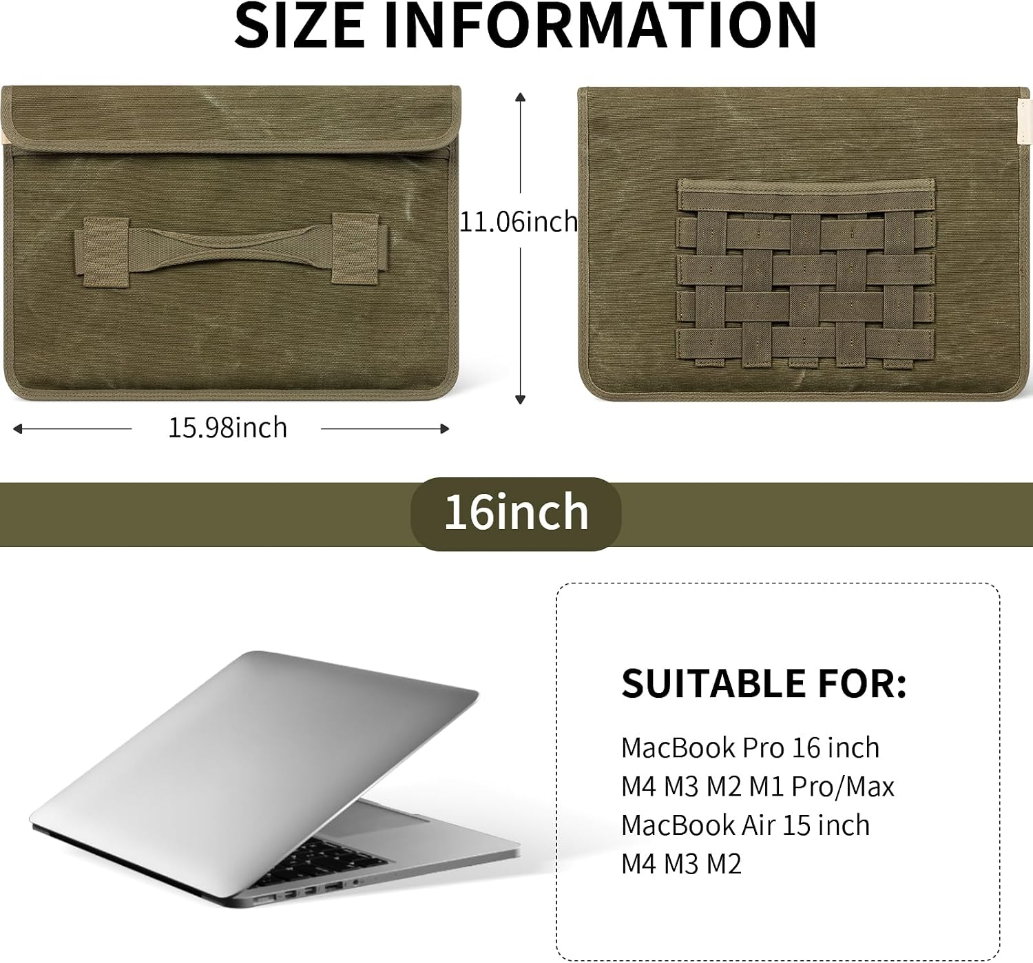 Laptop Sleeve 16 Inch Compatible with MacBook Pro 16 M4 M3 M2 M1 Pro/Max＆MacBook Air 15 M4 M3 M2 Case, Military Retro-Style Protective Canvas Cover for 15-16 Inch,Army Green