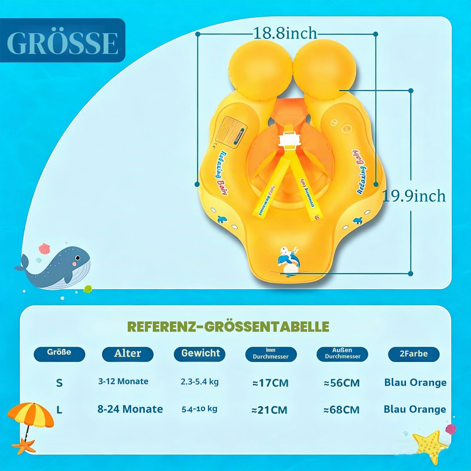 Baby Schwimmring ab 3-24 Monate,Blau/Orange Schwimmreifen Babys, Baby Swimming Float,Aufblasbare Schwimmtrainer mit verstellbare Schultergurte, Babys Pool Float Ring für Kinder Junge Mädchen 1-2 Jahre