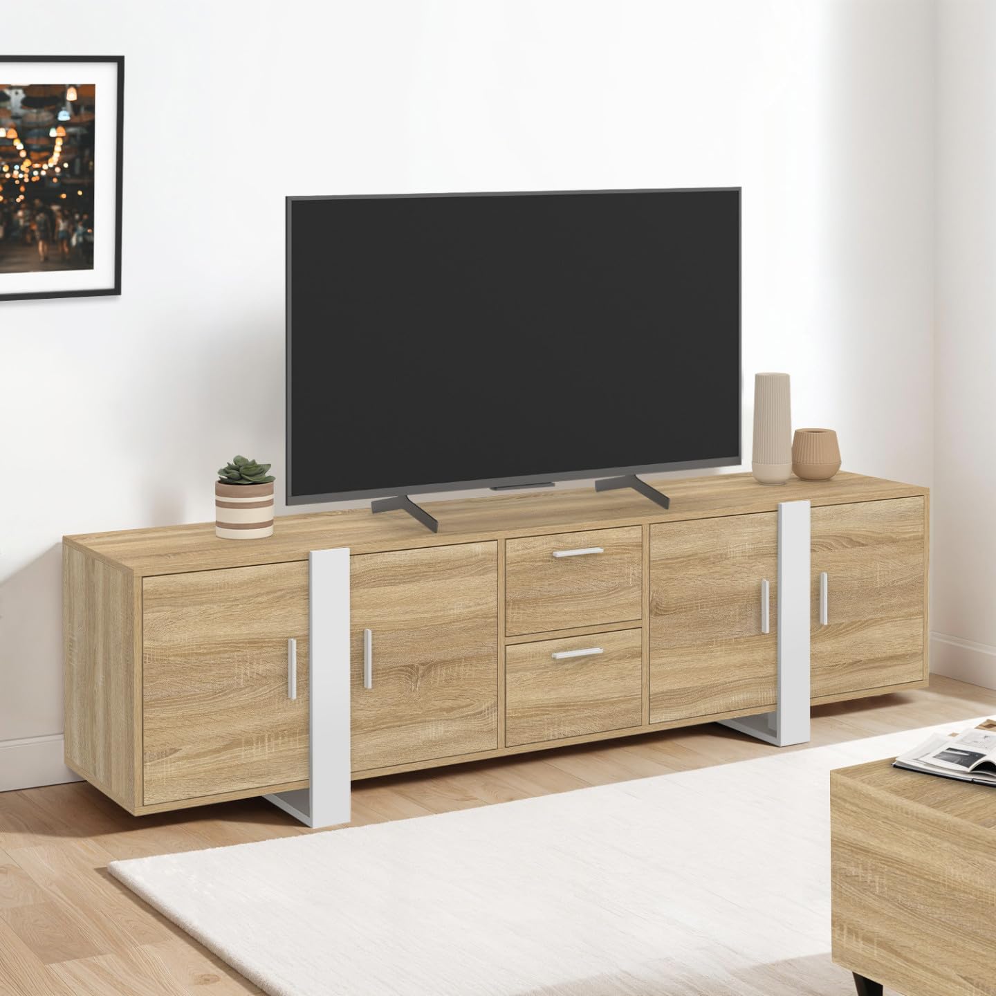 IDMarket - Meuble TV 180 cm Phoenix 4 Portes + 2 tiroirs Bois et Blanc