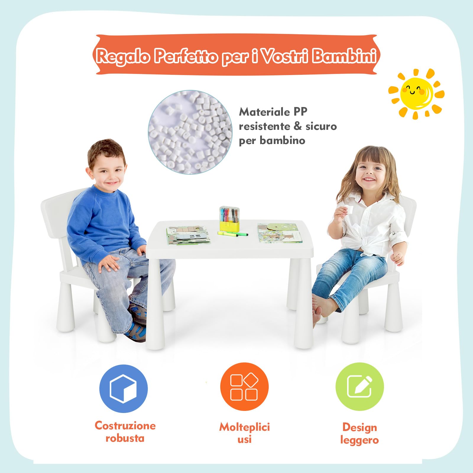 RELAX4LIFE Mesa y Silla Infantil de PP, Mesa Infantil con 2 Sillas, Respalda Ergonómica y Bordes Redondeados para Escribir, Leer, Jugar y Comer, Mesa Infantil con Sillas para Niños 1-7 Años (Blanco)