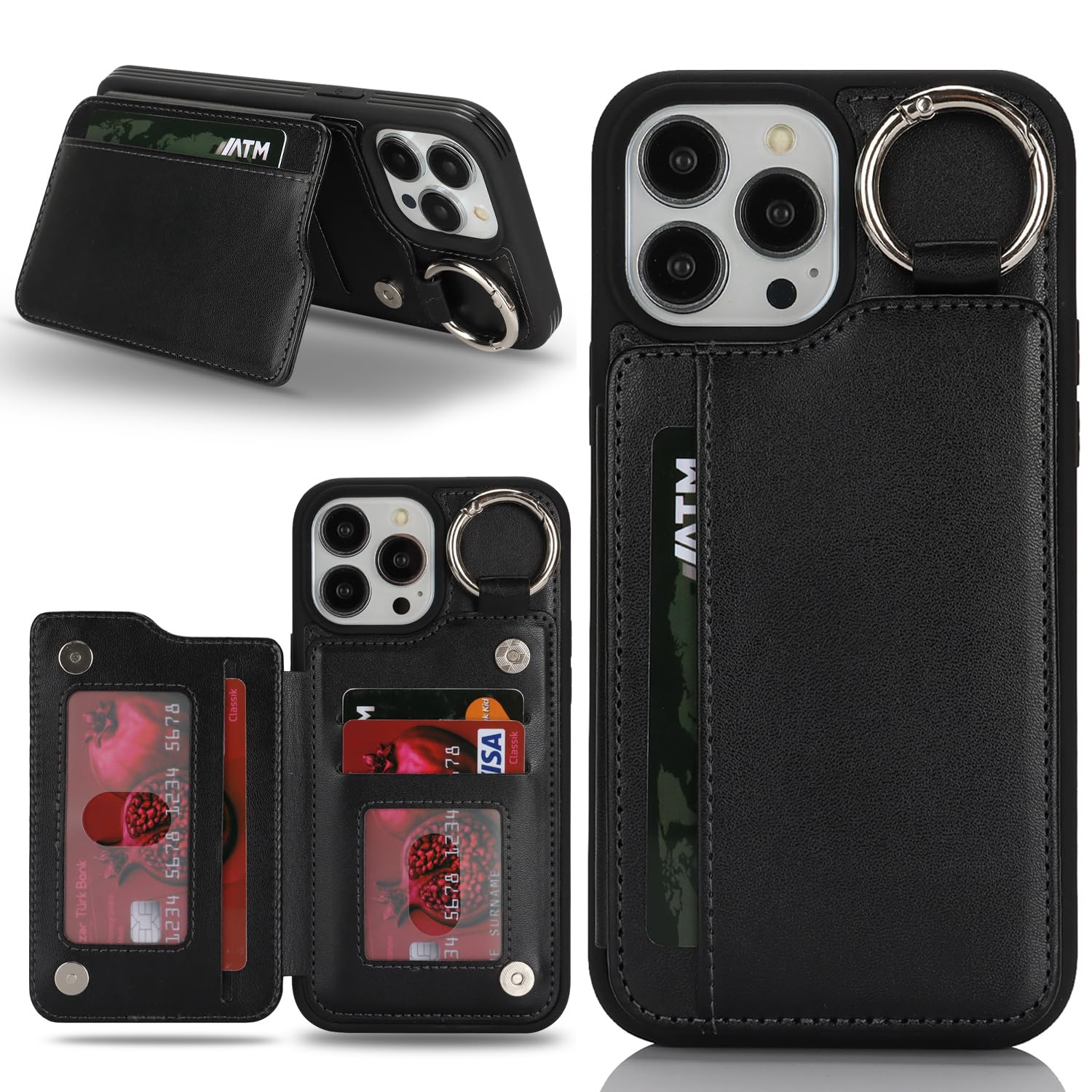 IPhone 15 Pro Max Hülle Mit Kartenfach – 4 Slots, Ring & Standfunktion, Schwarz (Wallet Case)