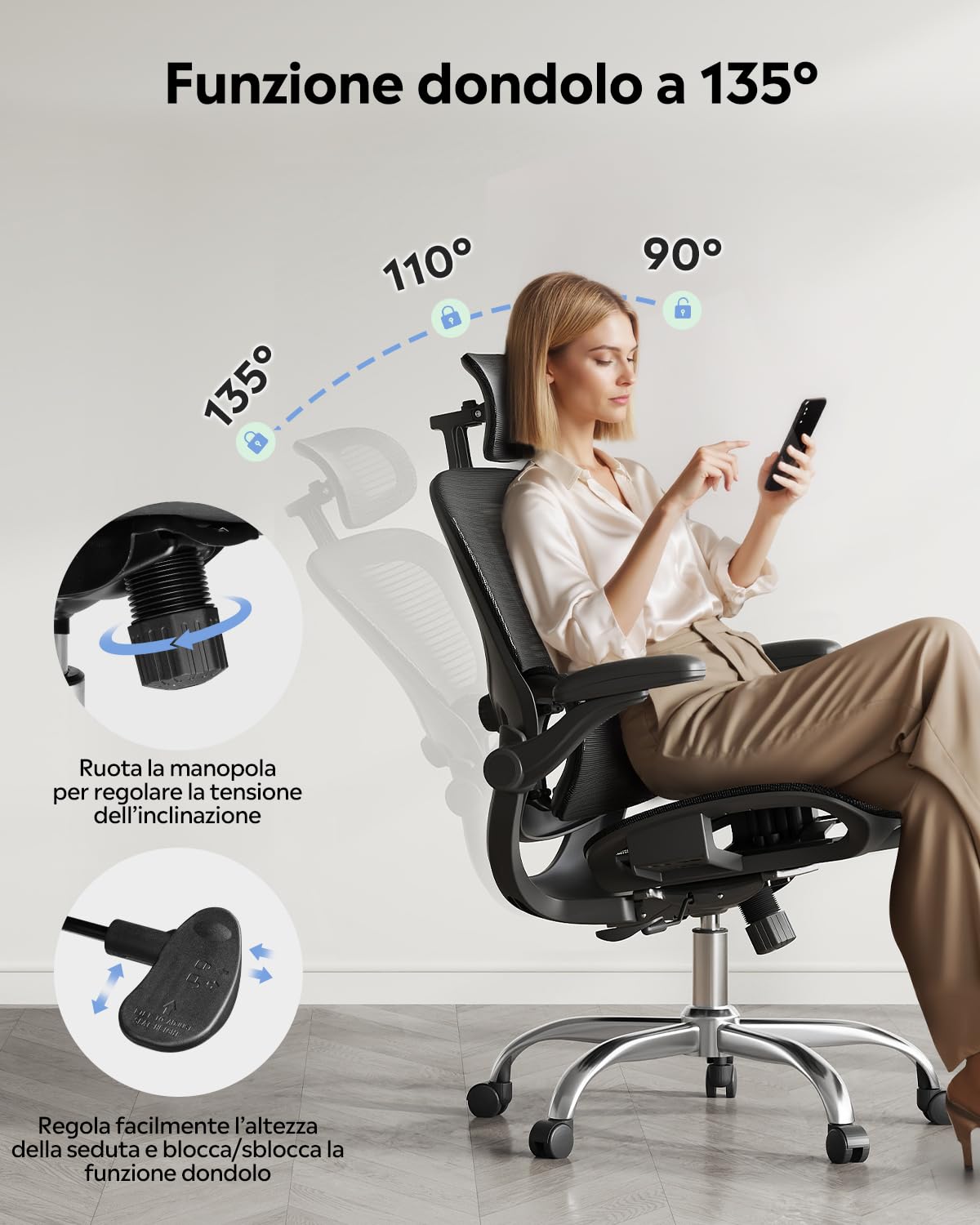 DEVAISE Sedia da Ufficio Ergonomica con Schienale Traspirante a Sezioni, Poggiatesta 3D Regolabile, Braccioli Regolabili, Supporto Lombare, Funzione Dondolo, Sedia Ergonomica per Home Office, Nero