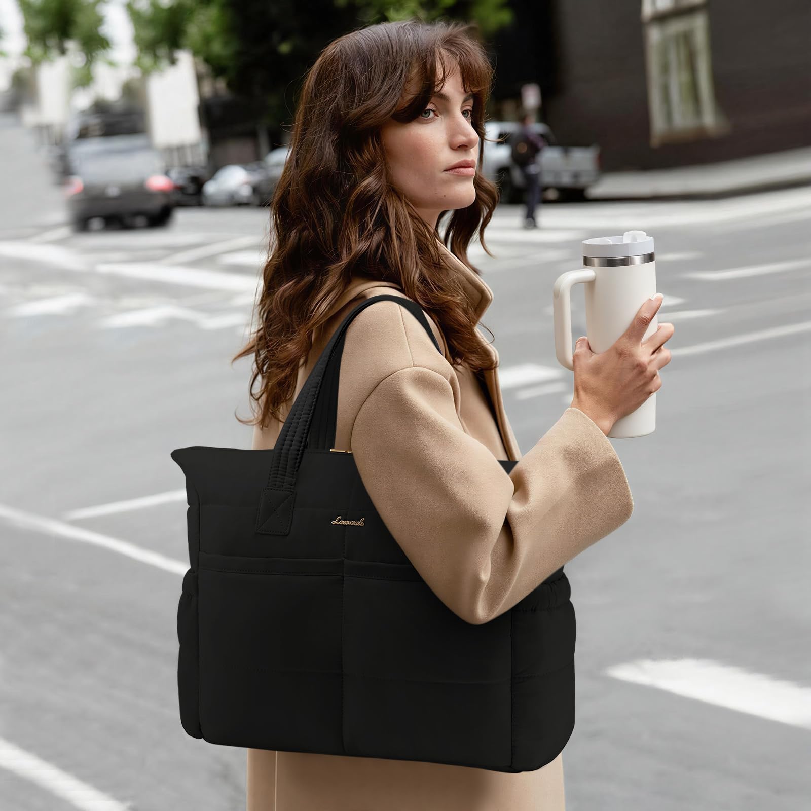 LOVEVOOK Handtasche Shopper Tasche Damen, 15,6 Zoll Puffer Laptoptasche Leicht Laptop Arbeitstasche Groß, Wasserdichte Tote Bag Schulhandtasche Women, Aktentasche Bürotasche für Arbeit, Schule, Reisen