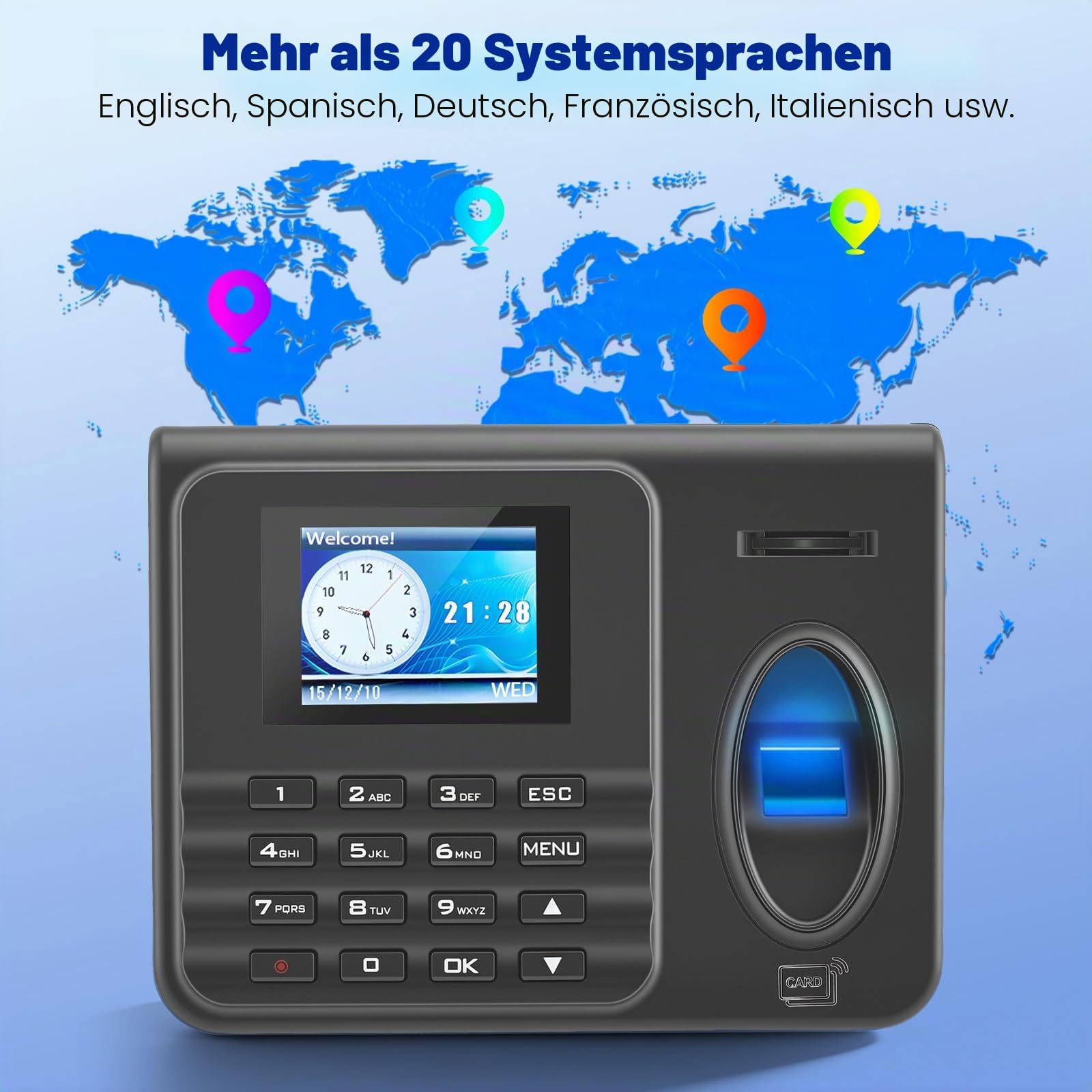 Stempeluhr Zeiterfassung für Kleinbetriebe, Biometrisch mit Sprachansage – 3 Methoden (Fingerabdruck, RFID, PIN), USB-Export, einfache Installation als Stechuhr für Wand oder Tisch
