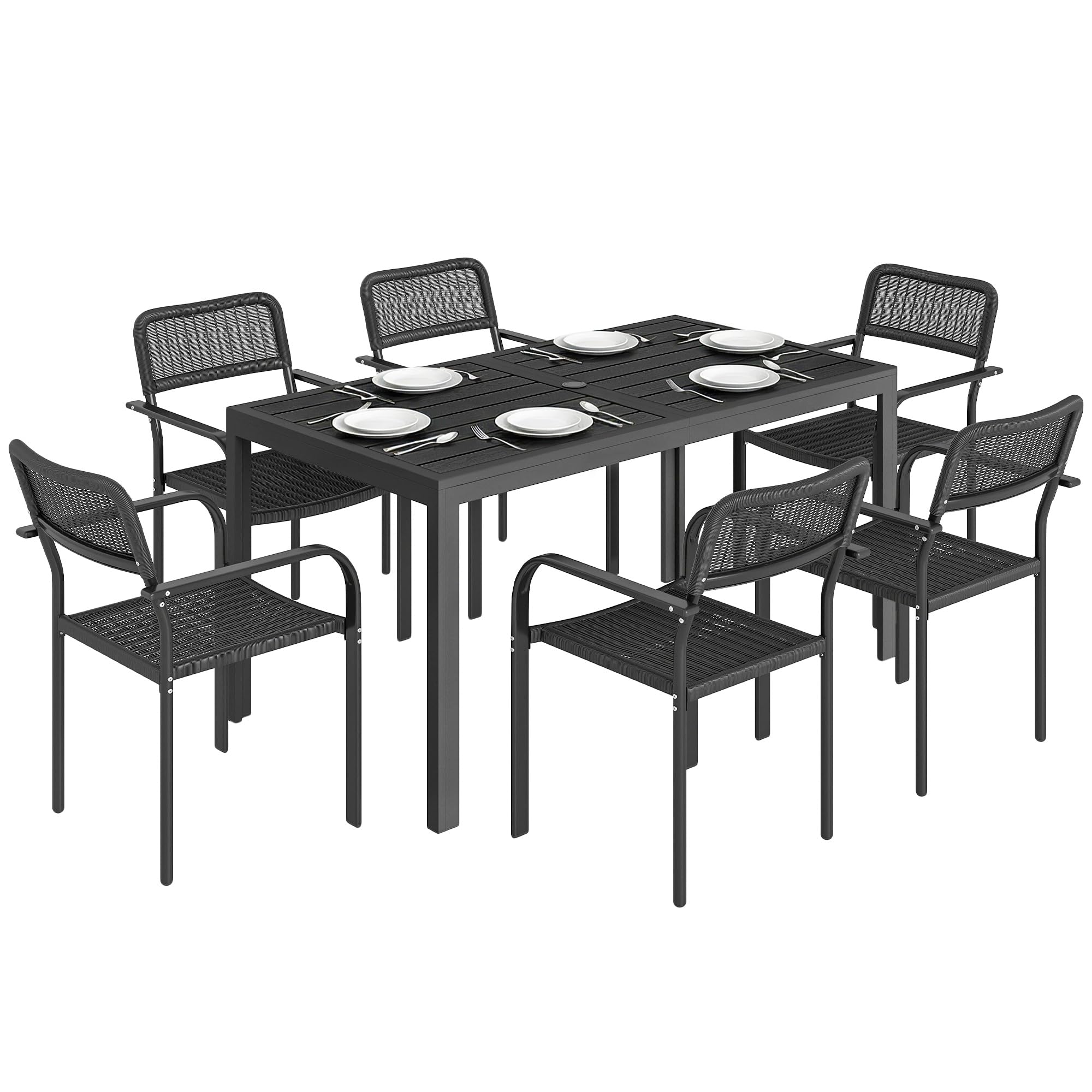 Outsunny Set Tavolo e Sedie da Giardino 7 Pezzi, Set da Pranzo Esterno con 6 Sedie Impilabili in Plastica Finto Rattan e Tavolo in Metallo Effetto Legno, Nero