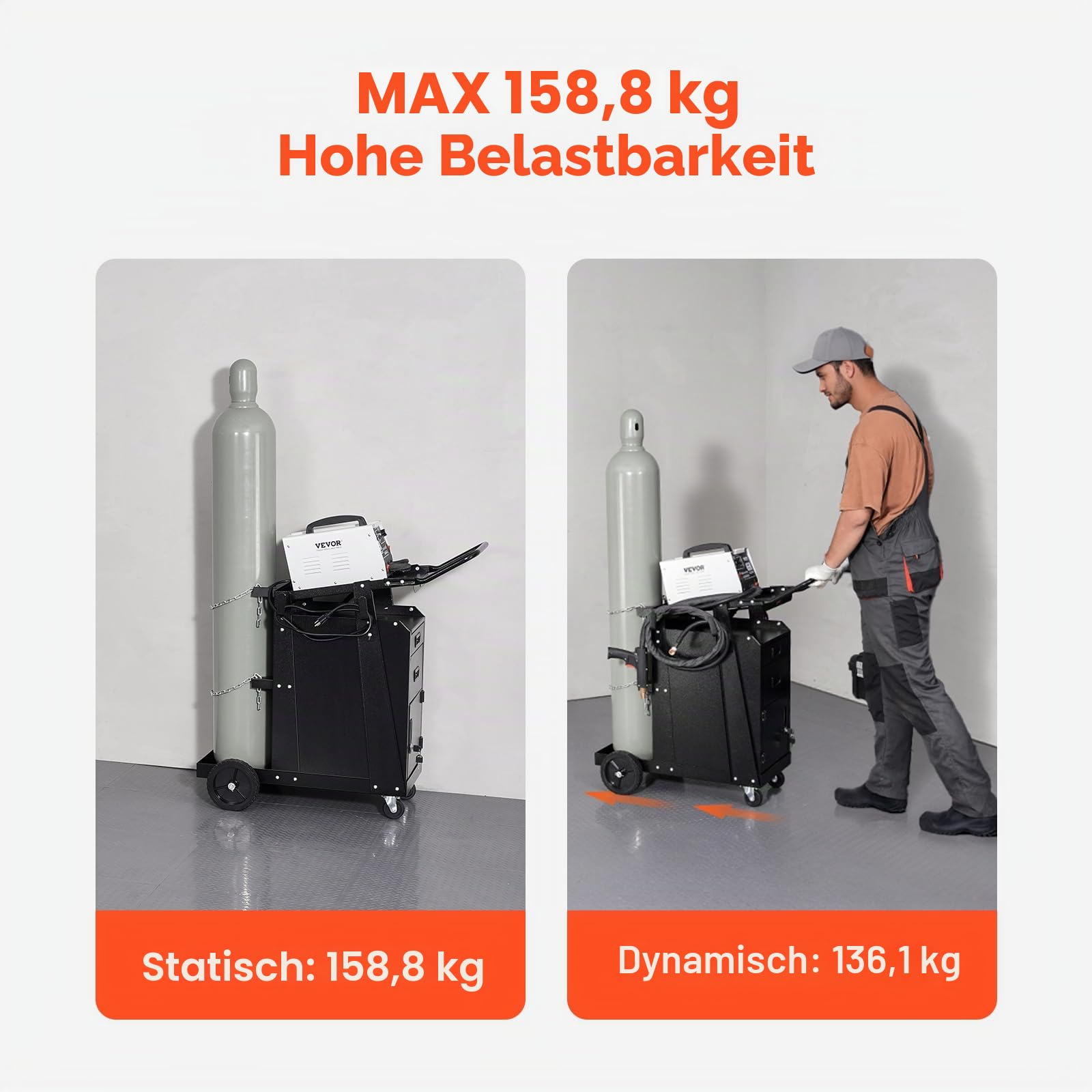 VEVOR Mobiler Werkstattwagen, Schweißwagen mit 2 Schubladen & abschließbarem Schrank, 158 kg Gewichtskapazität, 360° schwenkbare Räder, Schweißgerätewagen für MIG-Schweißgerät, Plasmaschneider