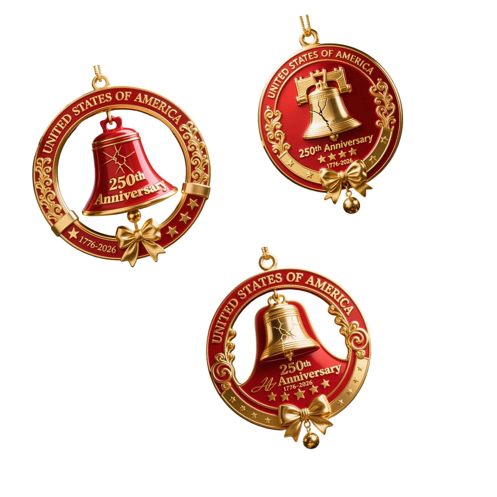 carotoe 3Pcs 250th Anniversary Bells Ornament Christmas Tree Bells Decoration for Mantels Festival Tree Door Holiday Decorations Metal Holiday Decoration
