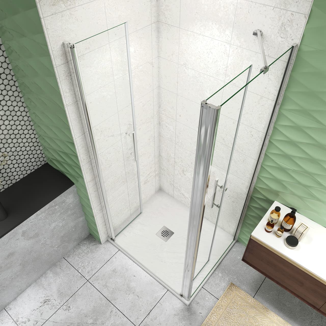 195 cm Box Doccia Angolare Porta Battente Saloon 90 cm Parete Fissa 70 cm Vetro da 6 mm Temperato Anticalcare Barra Stabilizzatrice 45 cm Cromo Lucido