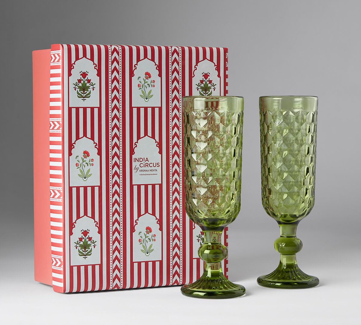 India Circus by Krsnaa Mehta Mint Embossed for Red & White Wine, Champagne, Water, Juice, Mocktails & Cocktails Glasses | Ideal for Gifting, Set of 2 (150ml Each) 4
