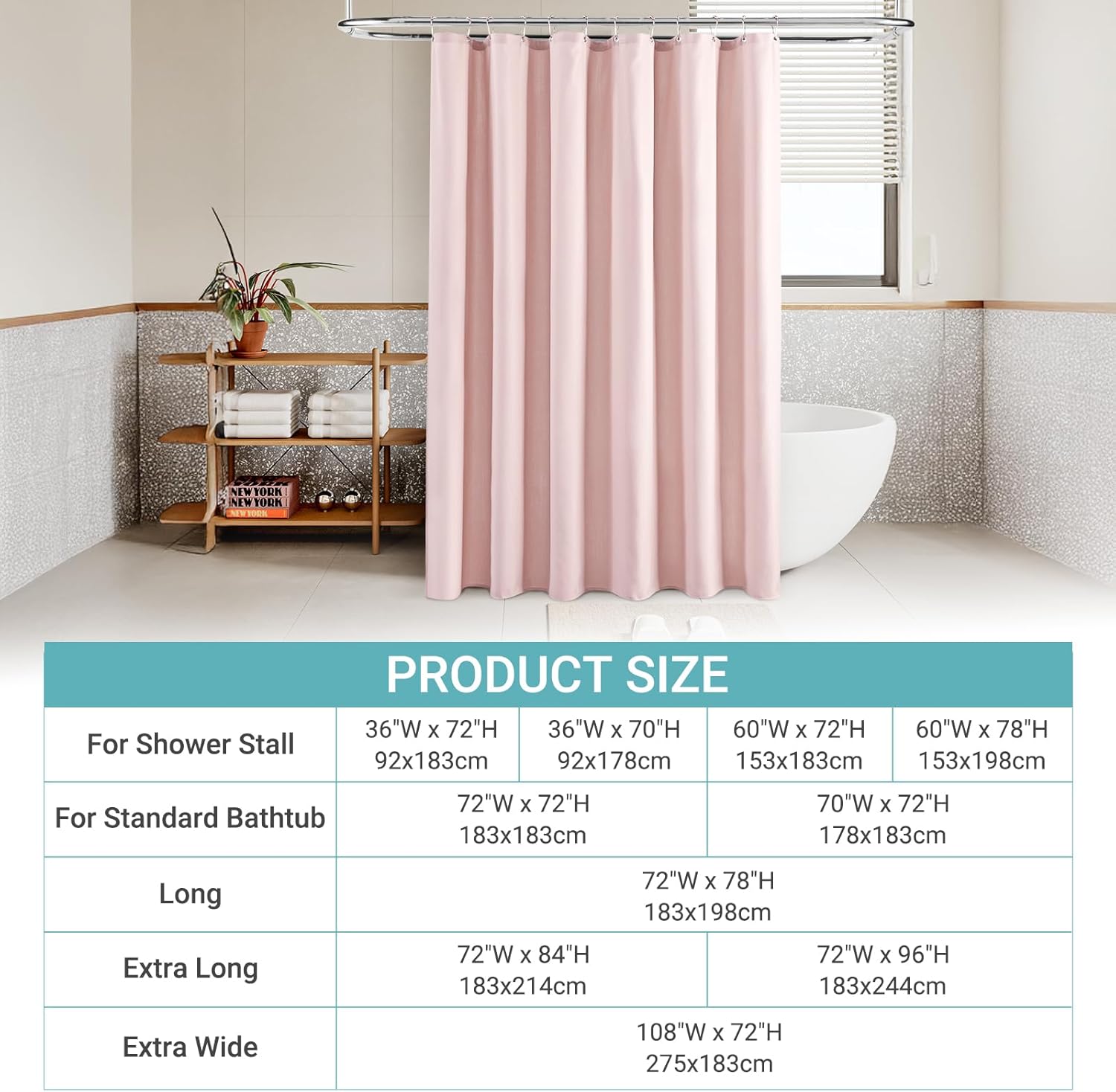 Pink Linen Shower Curtain Set with 12 Plastic Hooks, Heavy Duty Textured Cloth Shower Curtain for Girl's Bathroom, Luxury Hotel Spa Quality Weighted Water Repellent Bath Curtain , 72x72 Blush Pink