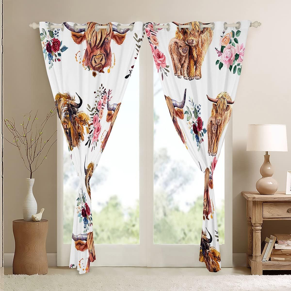 Feelyou Highland Cow Darkening Drapes Girls Cute Highland Cattle Blackout Curtains Pink Floral Western Cow Bull Curtains Bedroom Living Room Window Treatments Funny Farmhouse (2 Panels, 38 x 54 Inch)