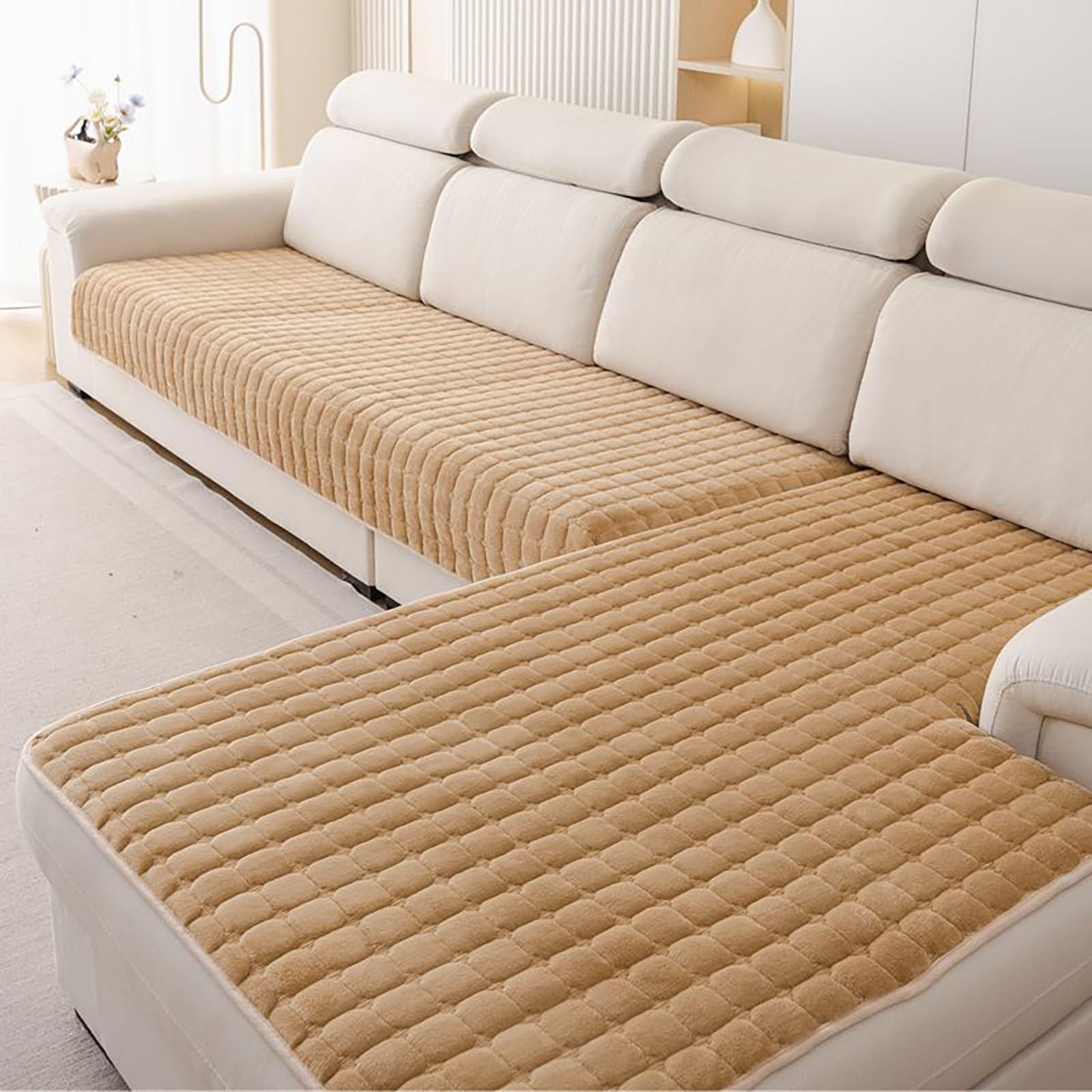 Soft Flannel Sofa Cover, Sofa Cover 1, 2, 3, 4-Seater, Couch Cover Sofa Blanket L-Shaped Corner Throw Blanket Anti-Slip for Living Room Washable,khaki,110 * 180cm
