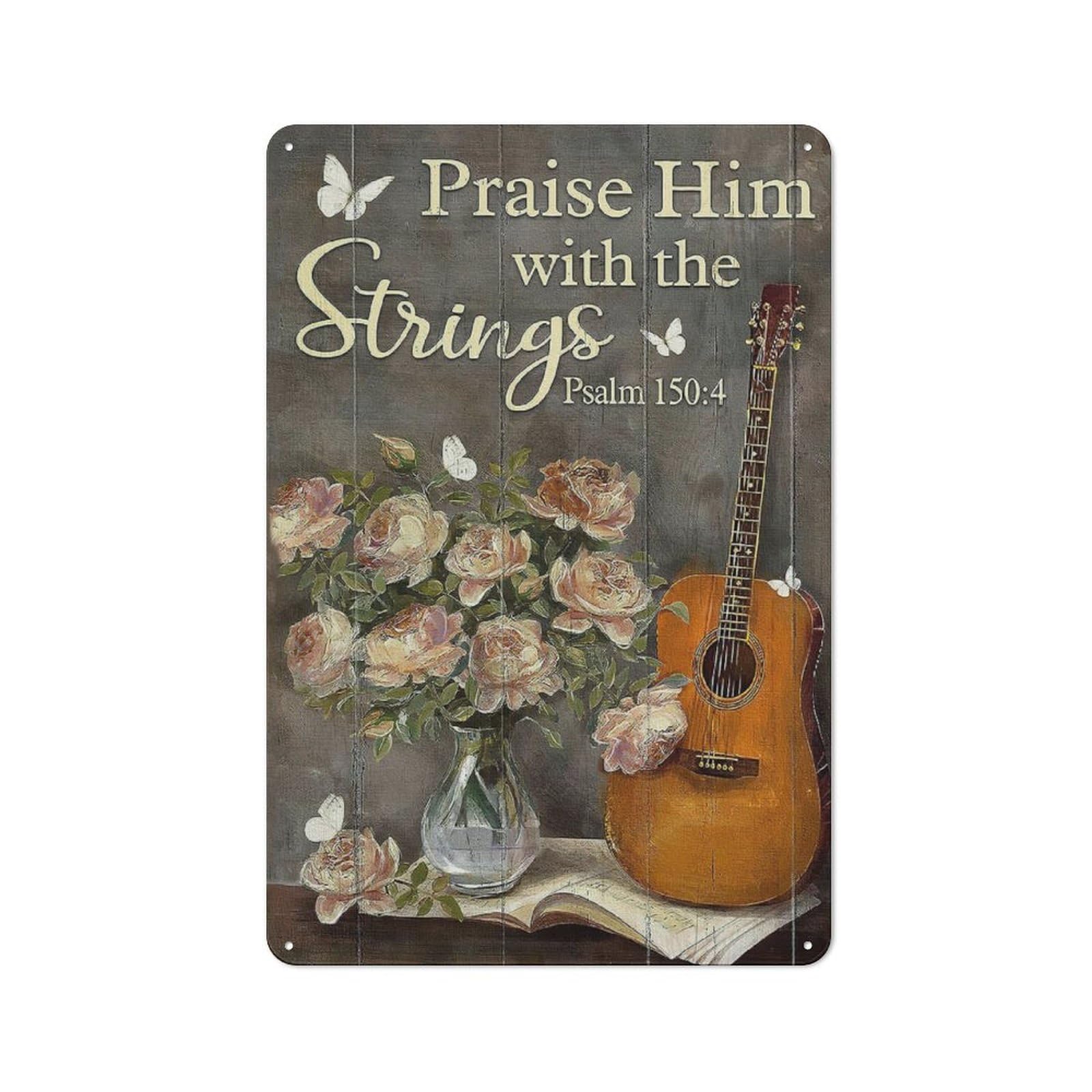 Christian Rose Floral Flower Guitar Butterfly Bible Verse Scripture Retro Wall Poster Art Decor Metal Tin Sign Garage Bar Courtyard Decor 8X12Inch