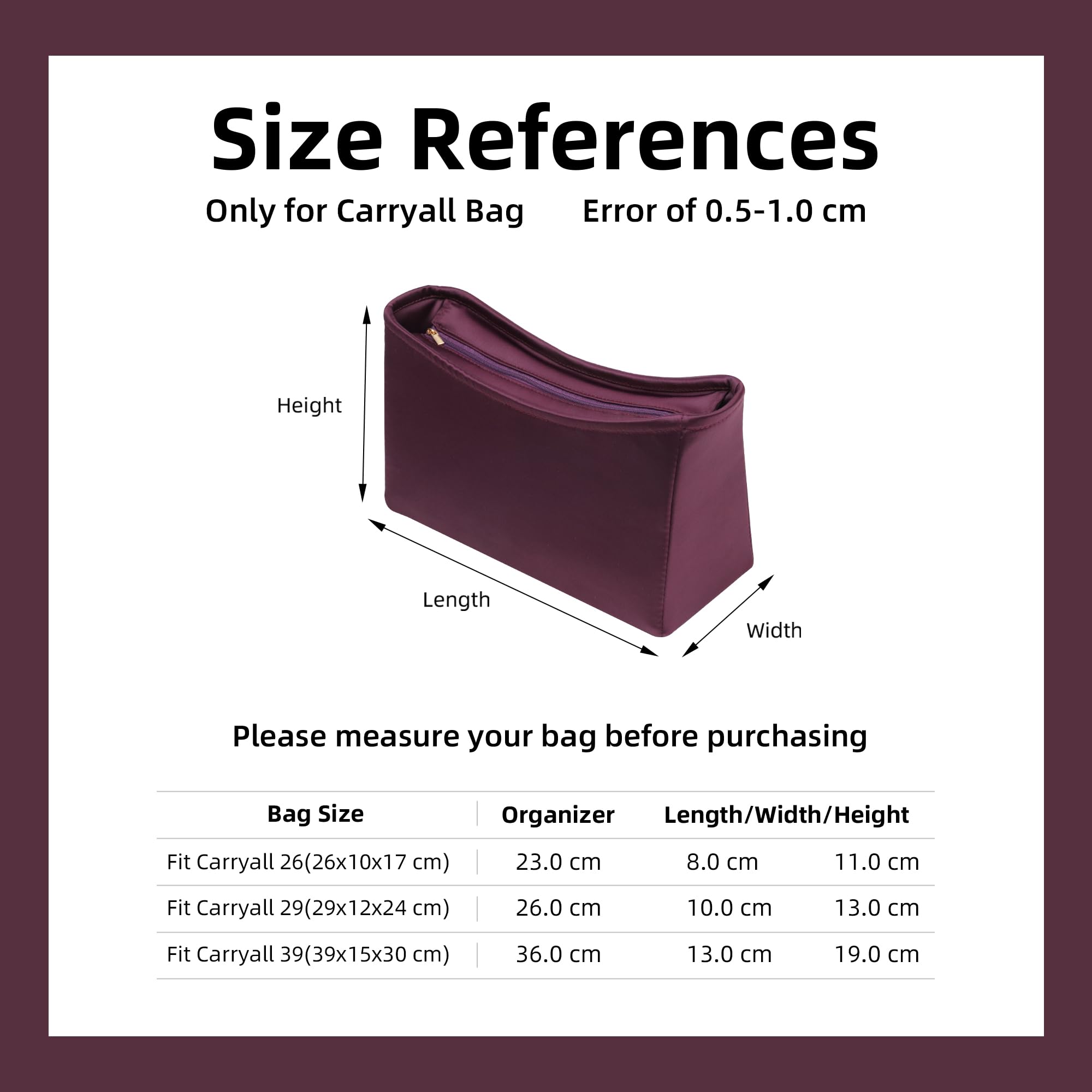DGAZ Organizador de bolso de satén para Carryall BB/PM/MM – con cierre superior de cremallera, inserto interior ligero y suave, con protección completa (Cassis, BB)