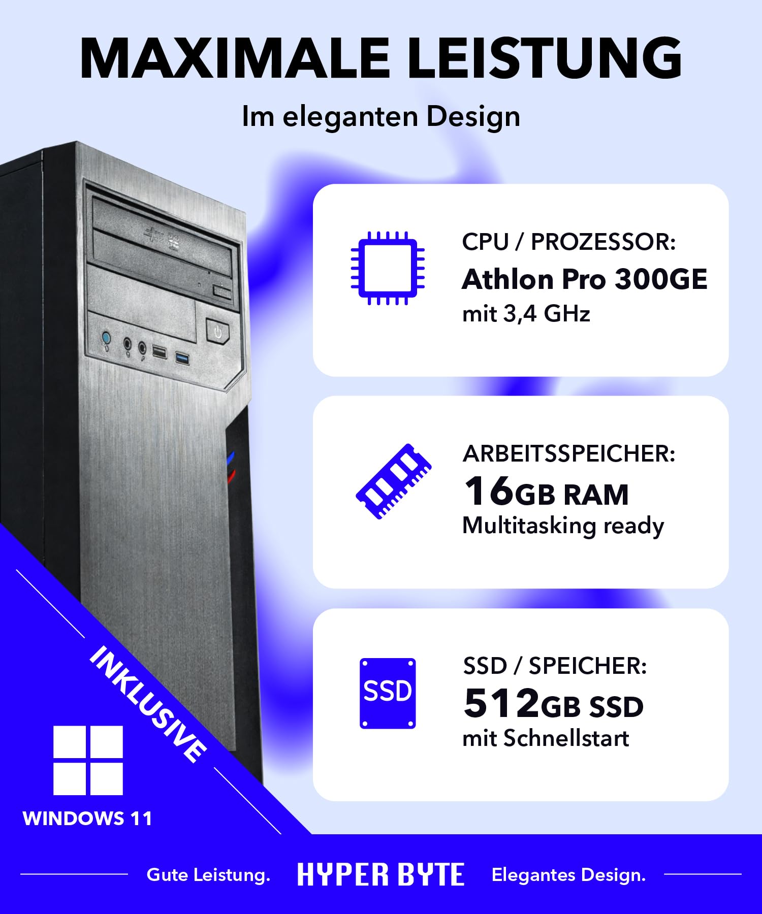 HYPER BYTE® Office PC – Computer mit AMD Athlon Pro mit 3,4 GHz | 16 GB RAM DDR4 | 512 GB SSD Festplatte | Win 11 Pro | WLAN | DVD+RW | USB 3.0 | High End Office Tower-Pc