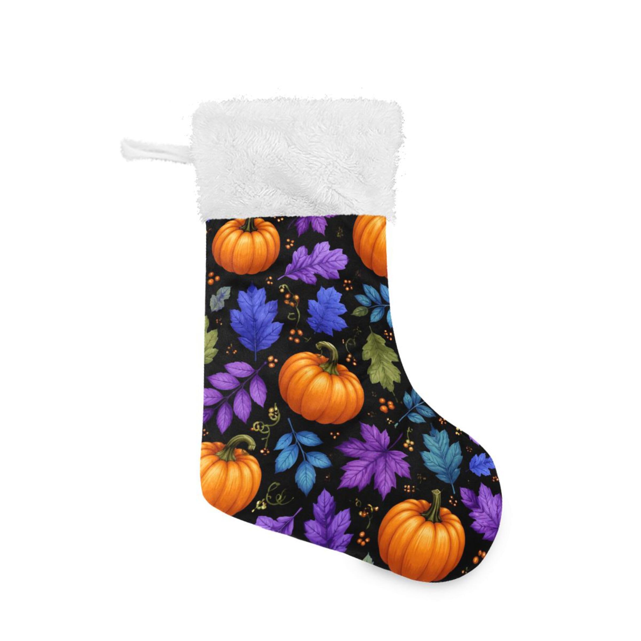 Fuauuyl Pumpkins Leaves Christmas Stocking 18 In Xmas Hanging Stocking with Plush Cuff for Family Holiday Party Fireplace Decorations, 2 Pack