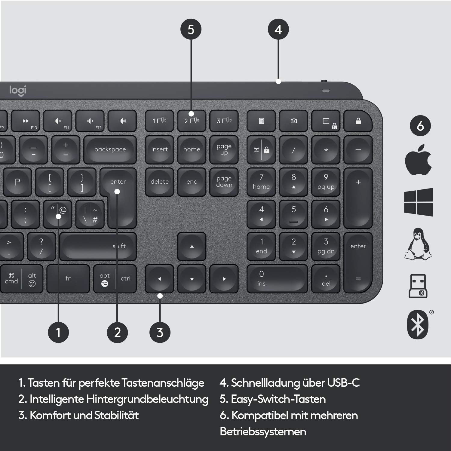 Logitech MX Keys Wireless Keyboard, Bluetooth & USB receiver, USB 