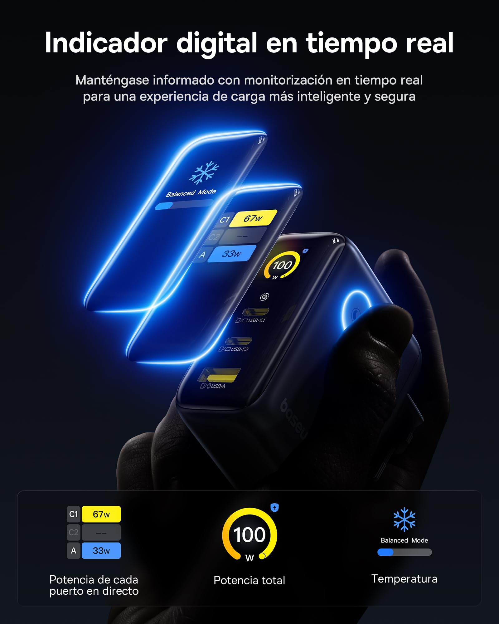 Baseus Picogo Cargador USB C de 100 W, Smart Display & Touch Control, 3 en 1 Potencia de Carga Rápida, Fuente de alimentación GaN avanzada, compatible con MacBook, iPhone 17/16/15/14, Samsung, Pixel y