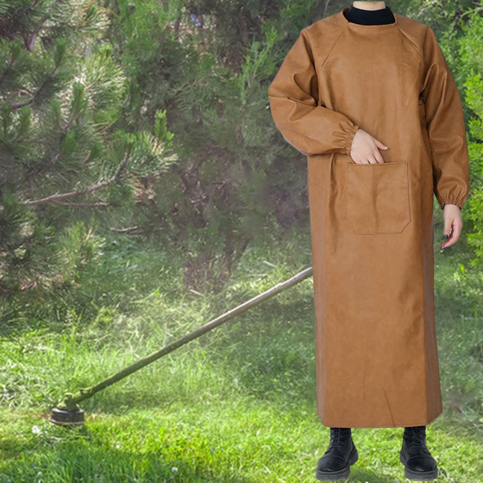 misppro Tablier de travail imperméable en cuir synthétique résistant au feu - Tablier de protection à manches longues avec poches pour soudeurs, forgerons, menuiserie - Marron