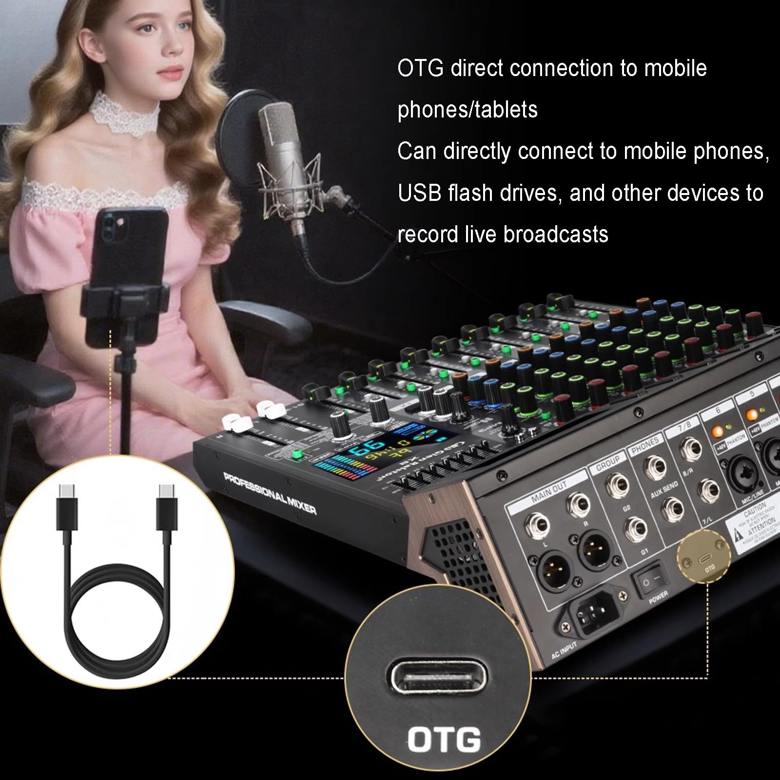 12-kanałowa płyta miksera audio, konsola dźwiękowa miksera DJ, z 99 efektami DSP/7-pasmowym EQ, Bluetooth, interfejsem USB, zasilanie fantomowe 48 V, do podcastów, muzyki, nagrywania, PC