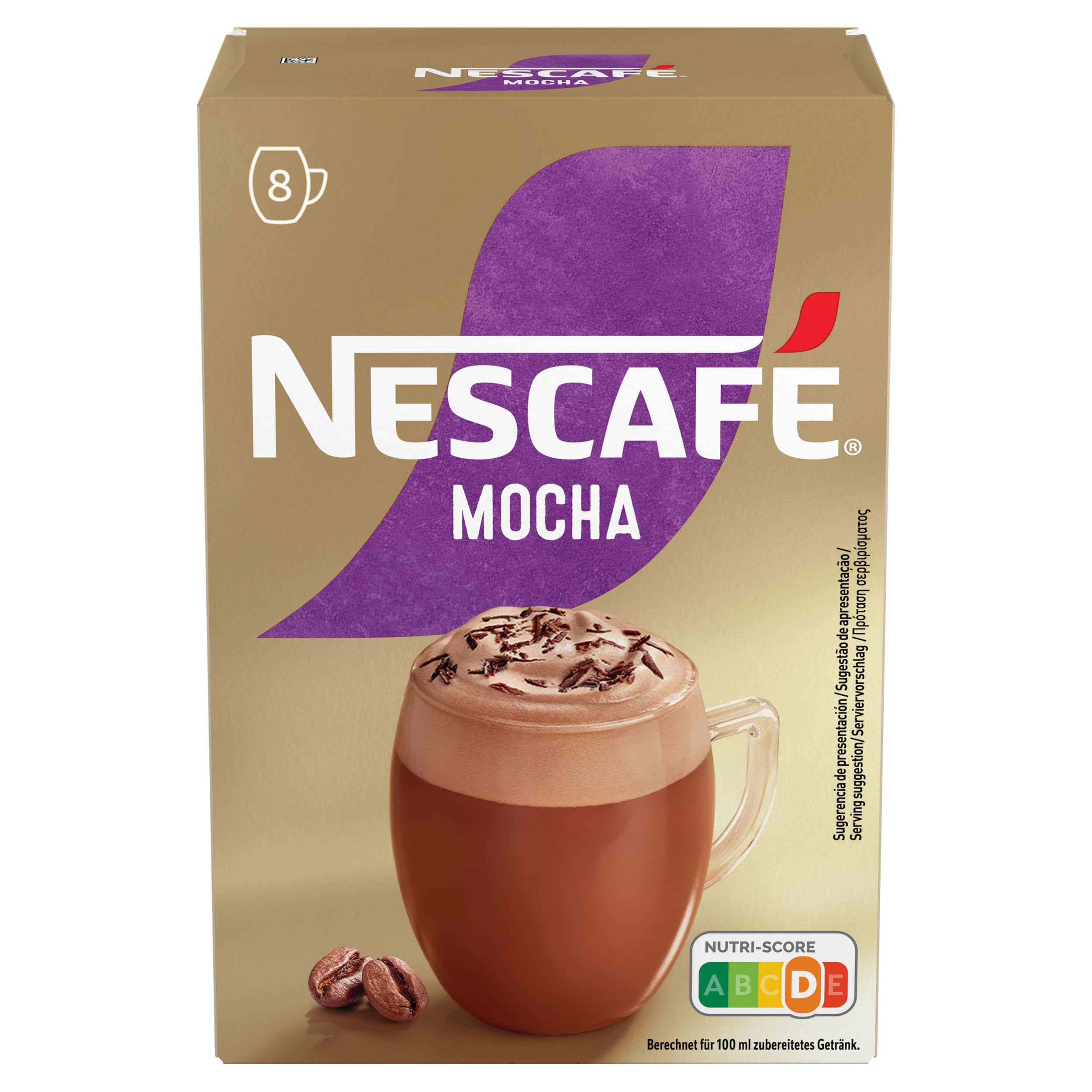 NESCAFÉ Goldener Mokka, cremiger löslicher Kaffee mit Magermilch, Cappuccino-Schokoladengeschmack, Packung mit 6 Hüllen mit 8 Beuteln, insgesamt 48 Beutel