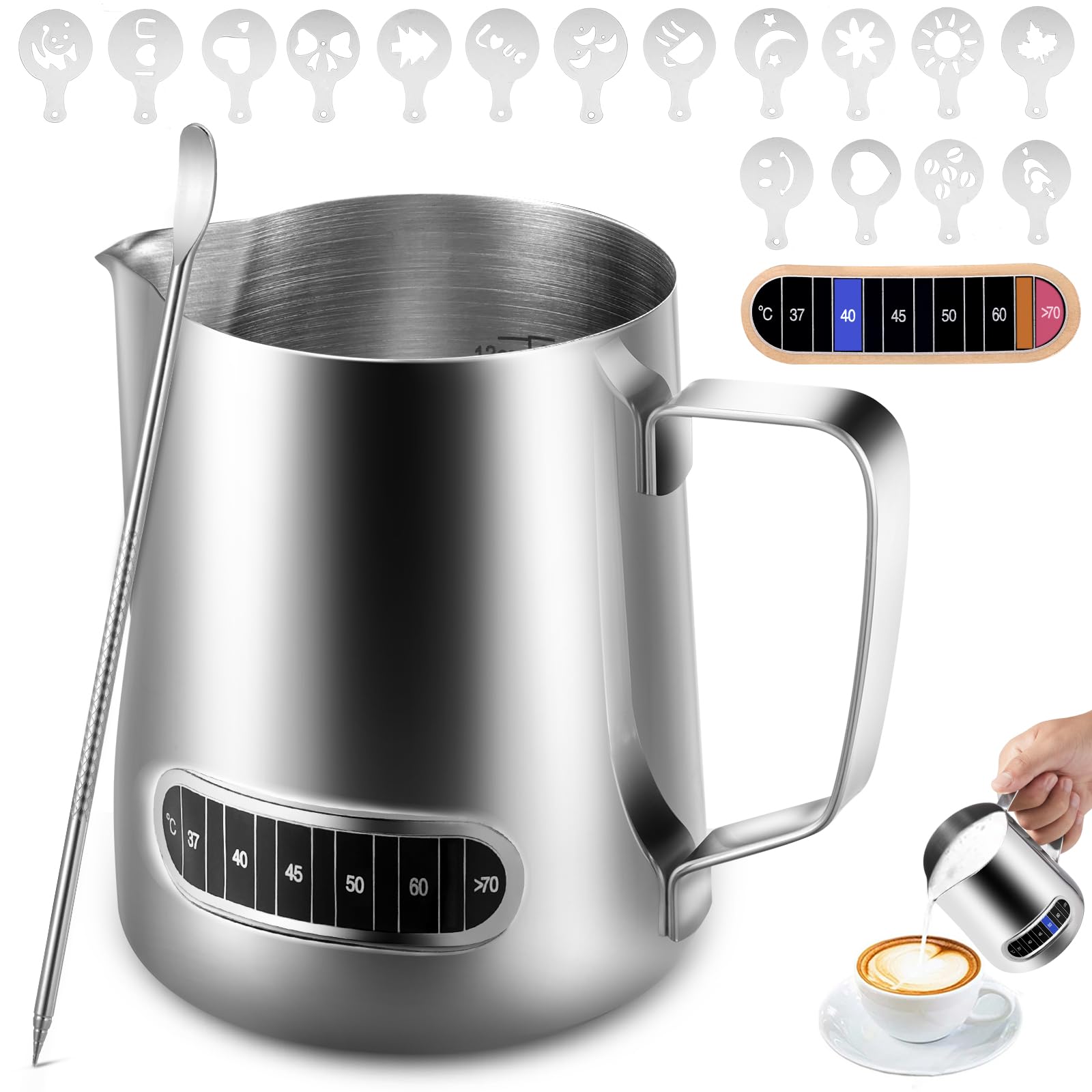 Milk Frothing Pitcher,350 ml/12 oz 304 Stainless Steel Milk Pitcher with Thermometer,Latte Decorating Art Pen and 16 Pcs Coffee Stencils,Metal Barista Accessories for Coffee,Latte & Cappuccino