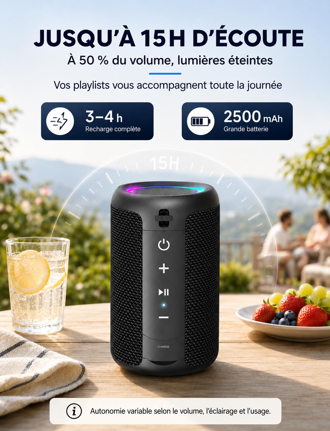 Enceinte Bluetooth Portable 15W Bluetooth 5.3 15H Autonomie Mini Haut-Parleur sans Fil TWS IPX5 Étanche