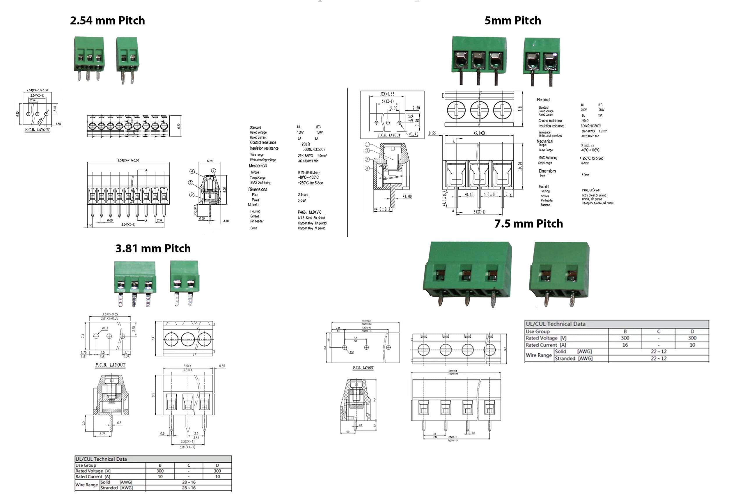 Screw Terminal Block Connector Assortment Kit 2.54/3.8/5.0/7.5mm Pitch 2/3 Pins (40 Piece, 8 Kinds) by QSU