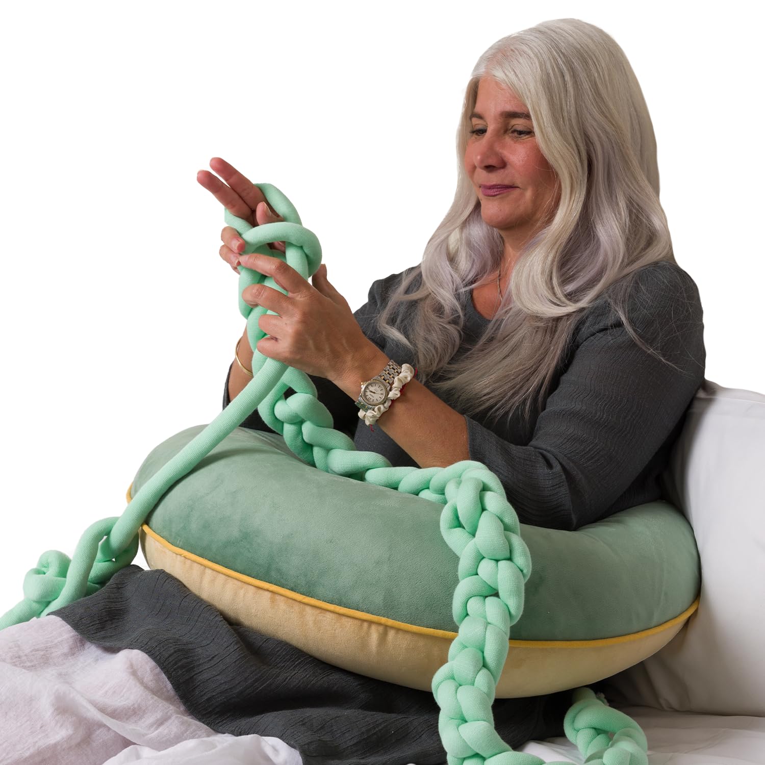 Valari Legendary Pillow Reading, Gaming, & Crochet Support Pillow Ergonomic Arm Pillow for Adults with a Breathable, Machine-Washable Cover Computer Pillow Made with Dacron Filling (Sage & Yellow)